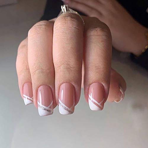 24Pcs French Fake Nails - Medium Square Full Cover False Nails with Pink Tips for Women | Salon Quality Press On Nails for Parties, Weddings & Everyday Wear