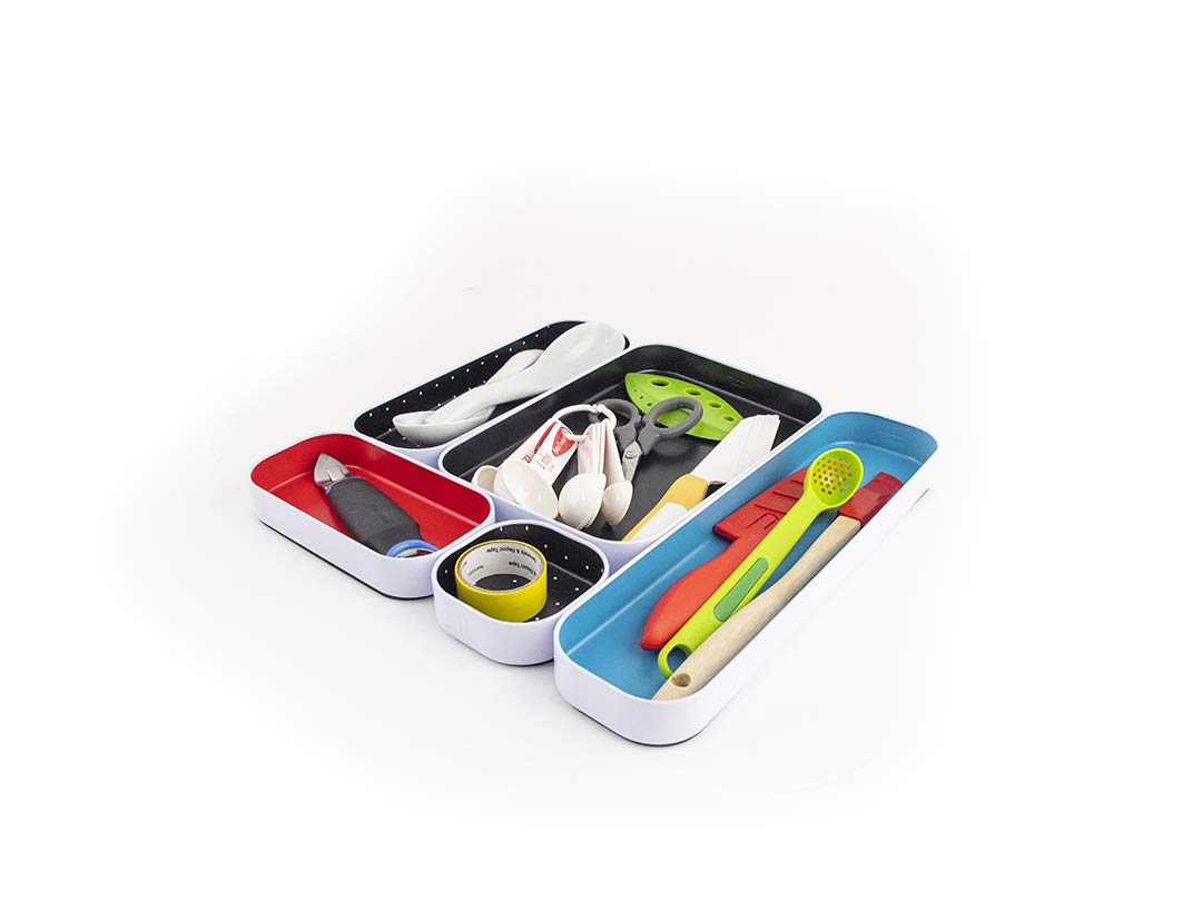 5-Piece Metal Organizer Tray Set for Makeup, Stationery & Utensils - Office Desk, Kitchen & Bathroom Drawer Storage (1 Inch, Blue Black Red Dots) - Perfect for Home, Office & Vanity Organization
