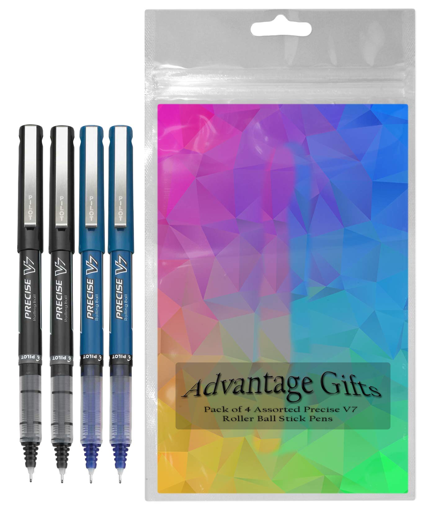 V7 Precise Rolling Ball Pens - Fine Point 0.7mm - 4-Pack with Black & Blue Ink - Includes Reusable Plastic Pouch - Perfect for Office Work, School Notes, Journaling & Gift Giving