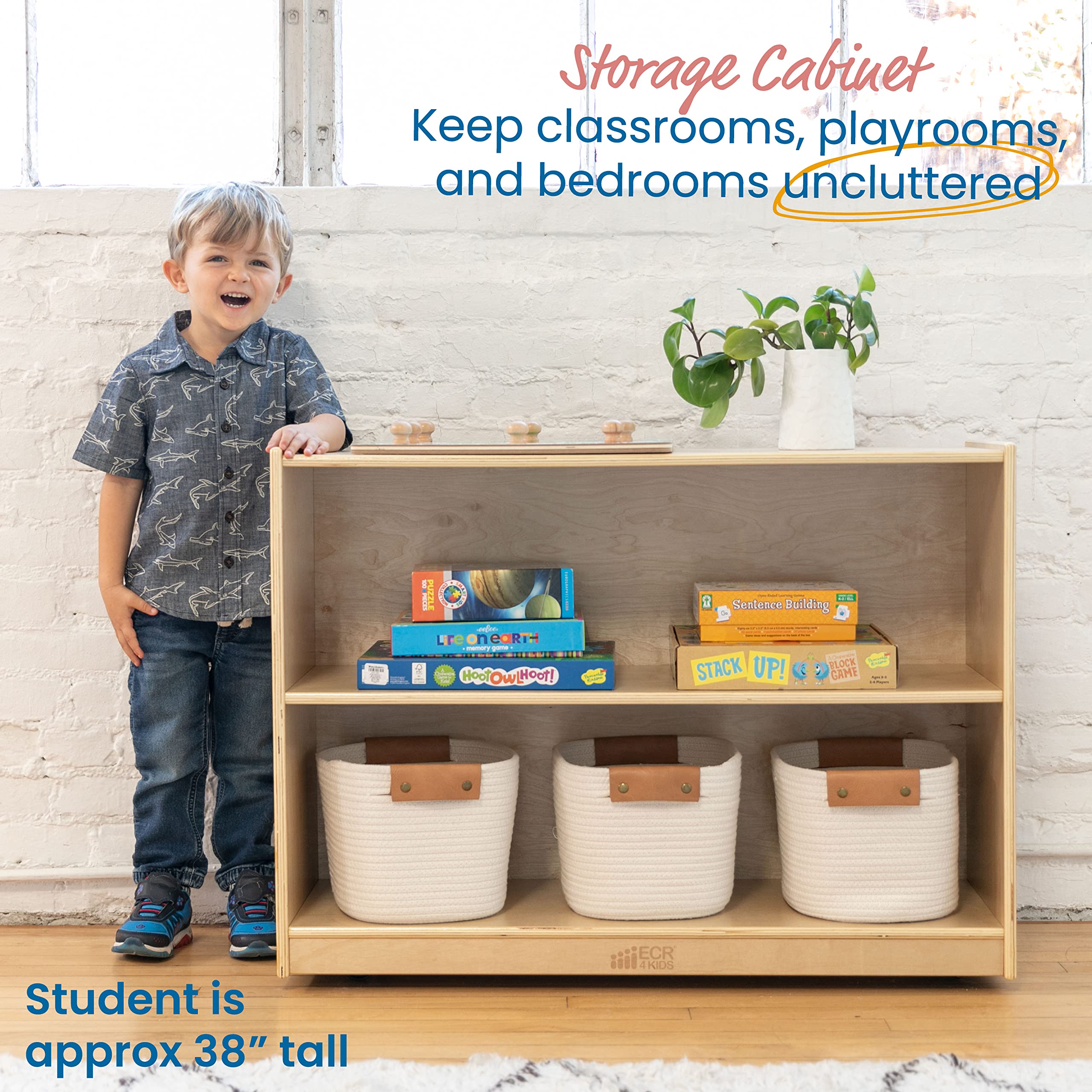 ECR4Kids 2-Shelf Rolling Storage Cabinet - Natural Wood Mobile Organizer for Classroom, Office, or Home - Perfect for Books, Toys, and School Supplies Storage