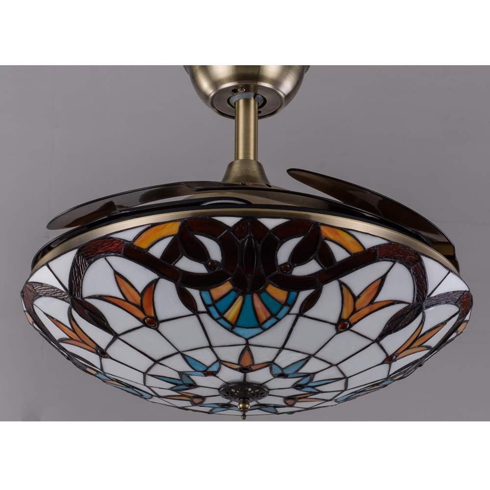 42 Inch Invisible Blade LED Ceiling Fan with Remote - Victorian Style Tiffany Chandelier Light - Semi Flush Mount for Dining Room, Restaurant & Hotel - Energy Efficient Frequency Conversion Technology - Perfect for Indoor Home and Commercial Spaces