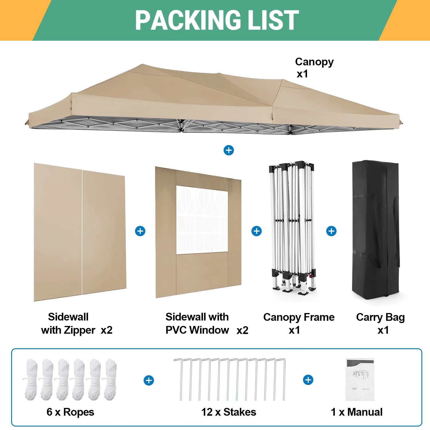 COBIZI 10x20 Pop Up Canopy Tent with 6 Sidewalls - Waterproof Instant Shelter, UPF 50+ Sun Protection, Portable Gazebo for Outdoor Events, Beach Camping, Weddings & Commercial Use - Easy Setup Khaki Canopy