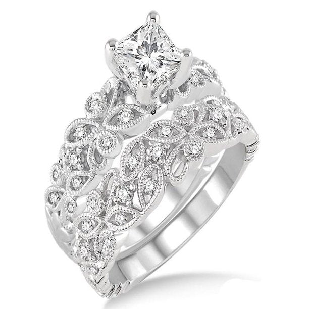 1.00 Carat Infinity Floral Antique Bridal Set with Princess Cut Diamond in 10K White Gold - Perfect for Engagement, Wedding & Anniversary Gifts