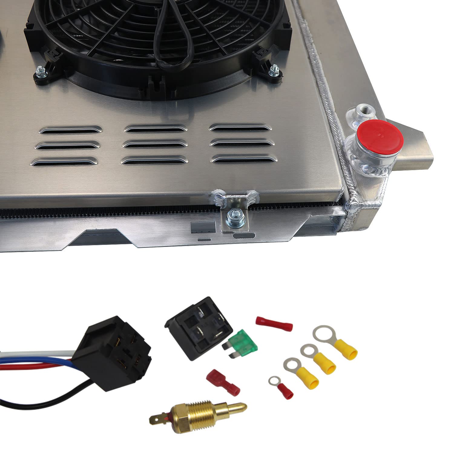 High-Performance Aluminum Radiator for 1985-1996 Ford F150 F250 F350 & Bronco - 3 Row Crossflow Design with Shroud Fan & Relay Kit - Perfect for Off-Roading, Towing & Engine Cooling Upgrades