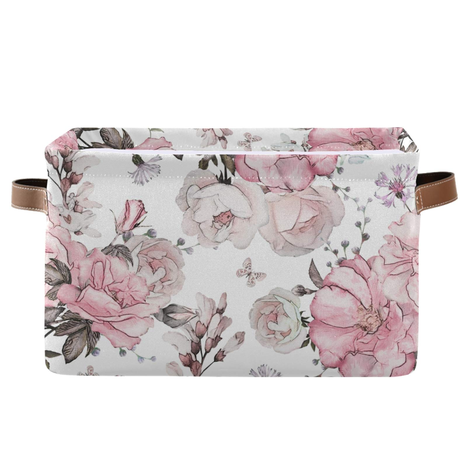 Susiyo Large Foldable Storage Bin - Watercolor Floral Rose Fabric Collapsible Basket with PU Handles for Home Organization | Perfect for Shelves, Closet, Bedroom & Living Room Storage (1-Pack) | Ideal for Toys, Blankets, Books & Home Decor