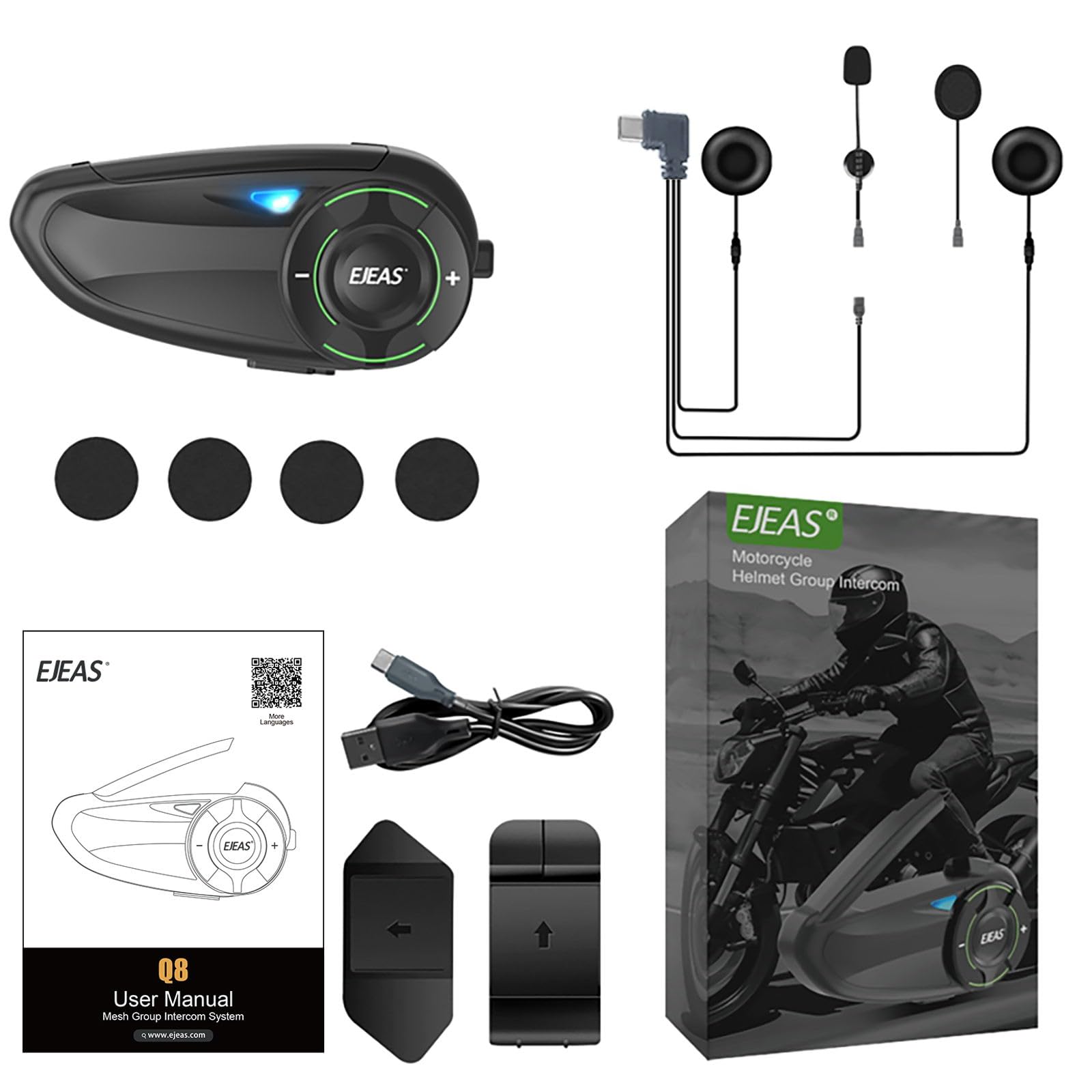 EJEAS Q8 Mesh 3.0 Motorcycle Bluetooth Intercom System - 6-Way Full Duplex Communication, Bluetooth 5.1 Helmet Headset with CVC Noise Cancellation & Music Sharing (1 Pack) - Perfect for Group Rides, Touring & Adventure Motorcycling
