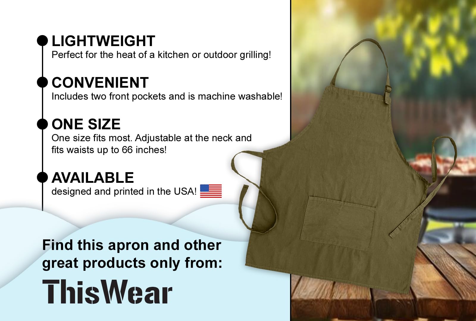 ThisWear Adjustable BBQ Grill Timer Apron with Two Pockets - Perfect for Cooking, Grilling & Outdoor Kitchen Use