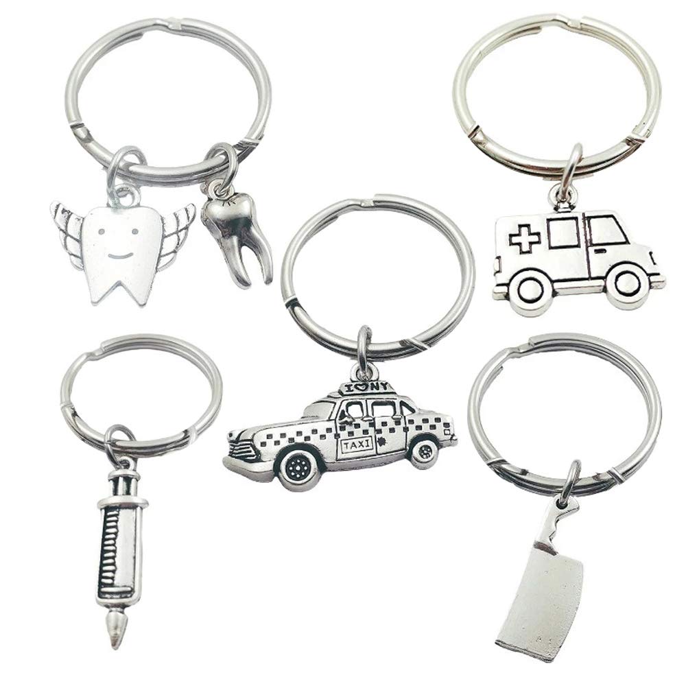 Vintage Silver Ambulance Nurse Dentist Taxi Syringe Kitchen Knife Keychain Ring - 5 Pack Charms for Keys, Gifts & Collectibles - Perfect for Nurses, Medical Professionals & Vintage Enthusiasts