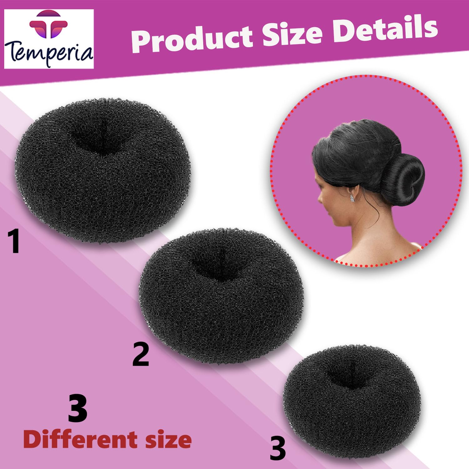 TEMPERIA Hair Donut Bun Maker for Women & Girls - 3-Piece Set (Small, Medium, Large) - Puff Juda Bun Shaper Tool - Perfect Hair Accessories for Updos, Ponytails & Formal Events