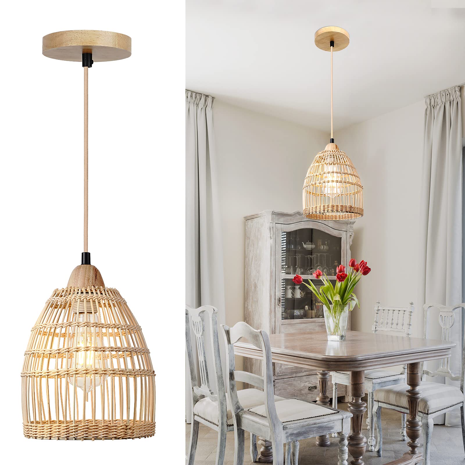 FRIDEKO HOME Rattan Pendant Light Fixture - Boho Wicker Hanging Lamp with Bamboo Shade for Kitchen Island, Farmhouse Dining Room, Living Room & Bedroom | Perfect for Boho, Coastal & Rustic Home Decor