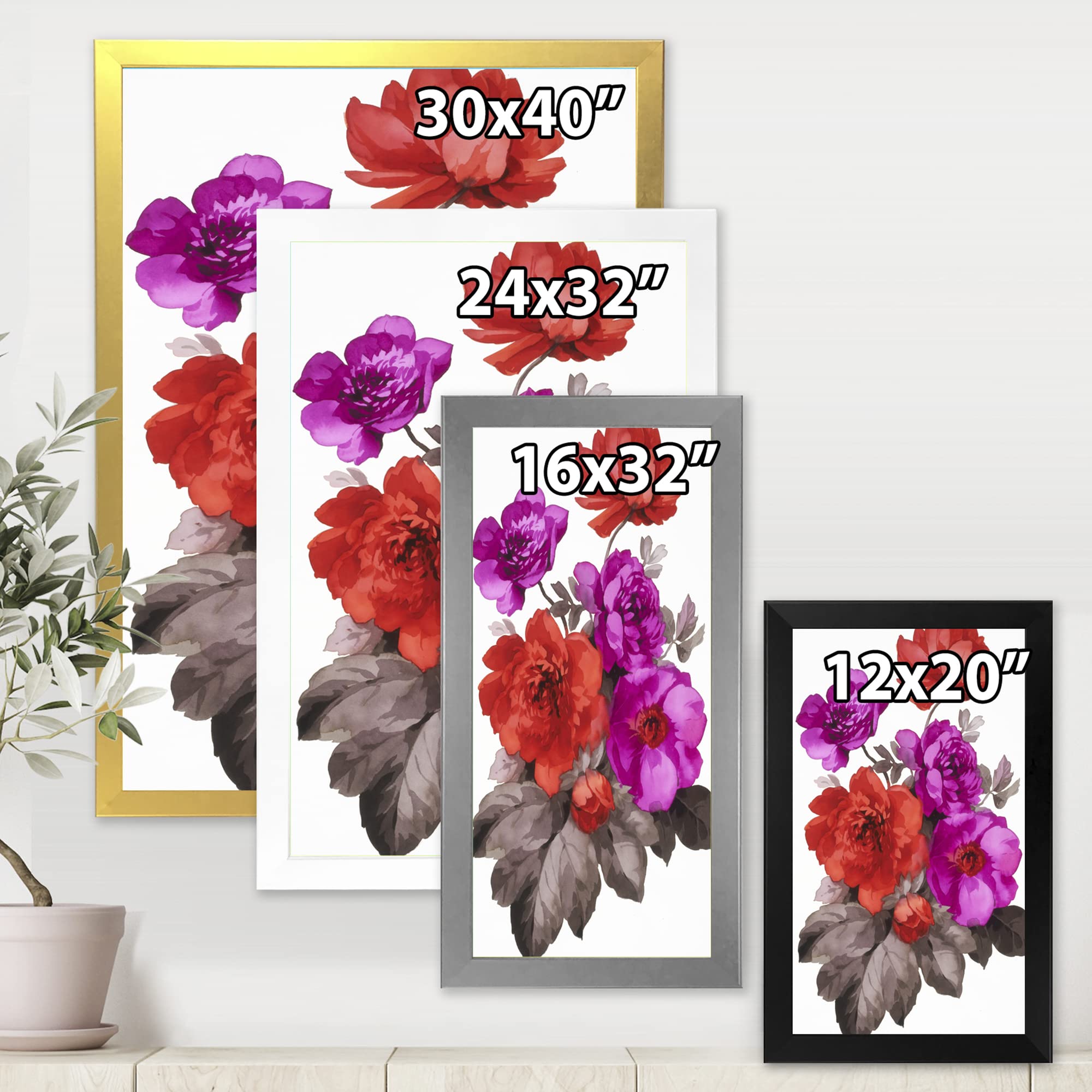 Vibrant Red and Fuchsia Floral Traditional Framed Wall Art - Elegant Home Decor for Living Room, Bedroom & Office