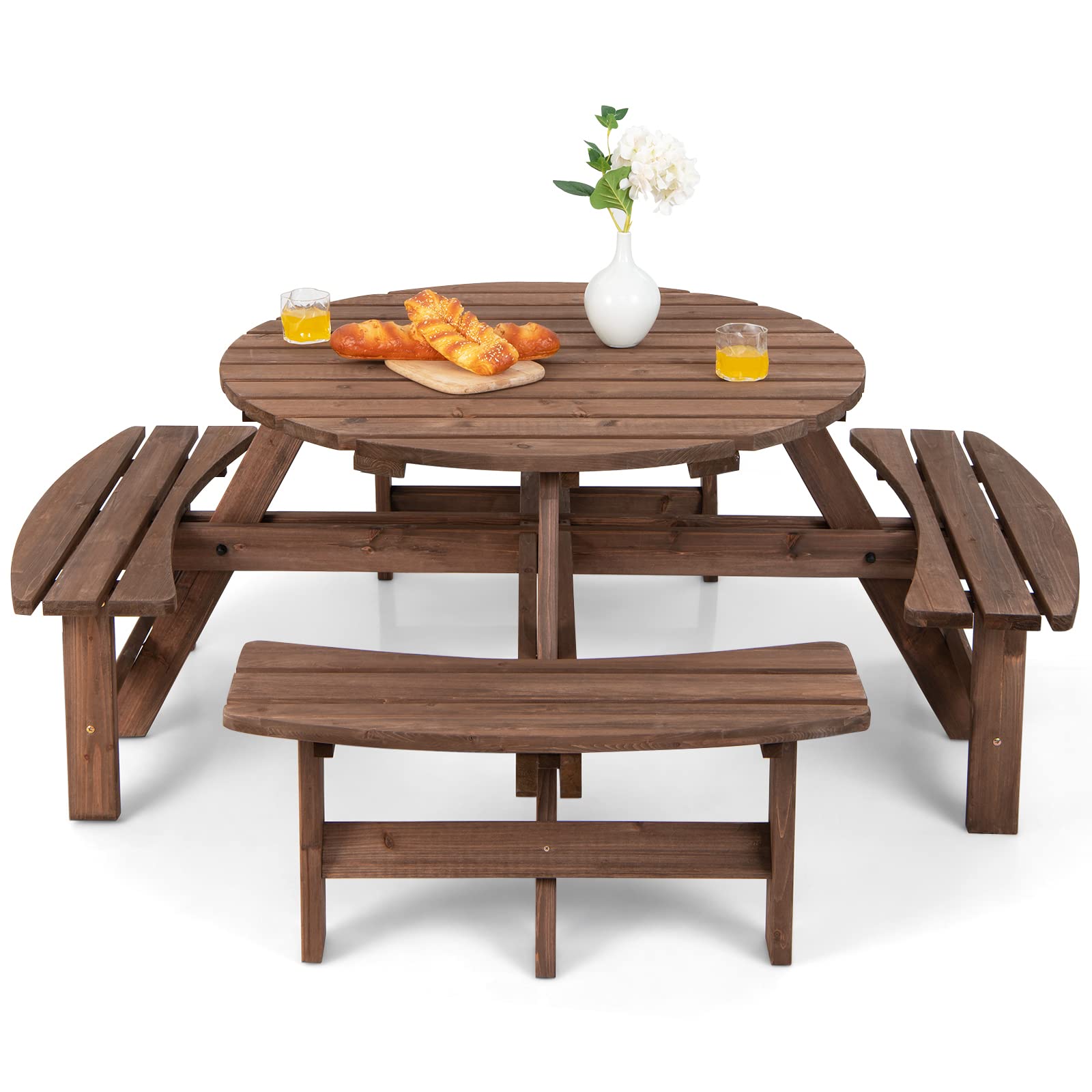 Tangkula 8-Person Round Wooden Picnic Table with 4 Built-in Benches & Umbrella Hole - 500lbs Capacity Per Bench - Outdoor Dining Set for Garden, Backyard, Patio, Camping & Picnic Areas