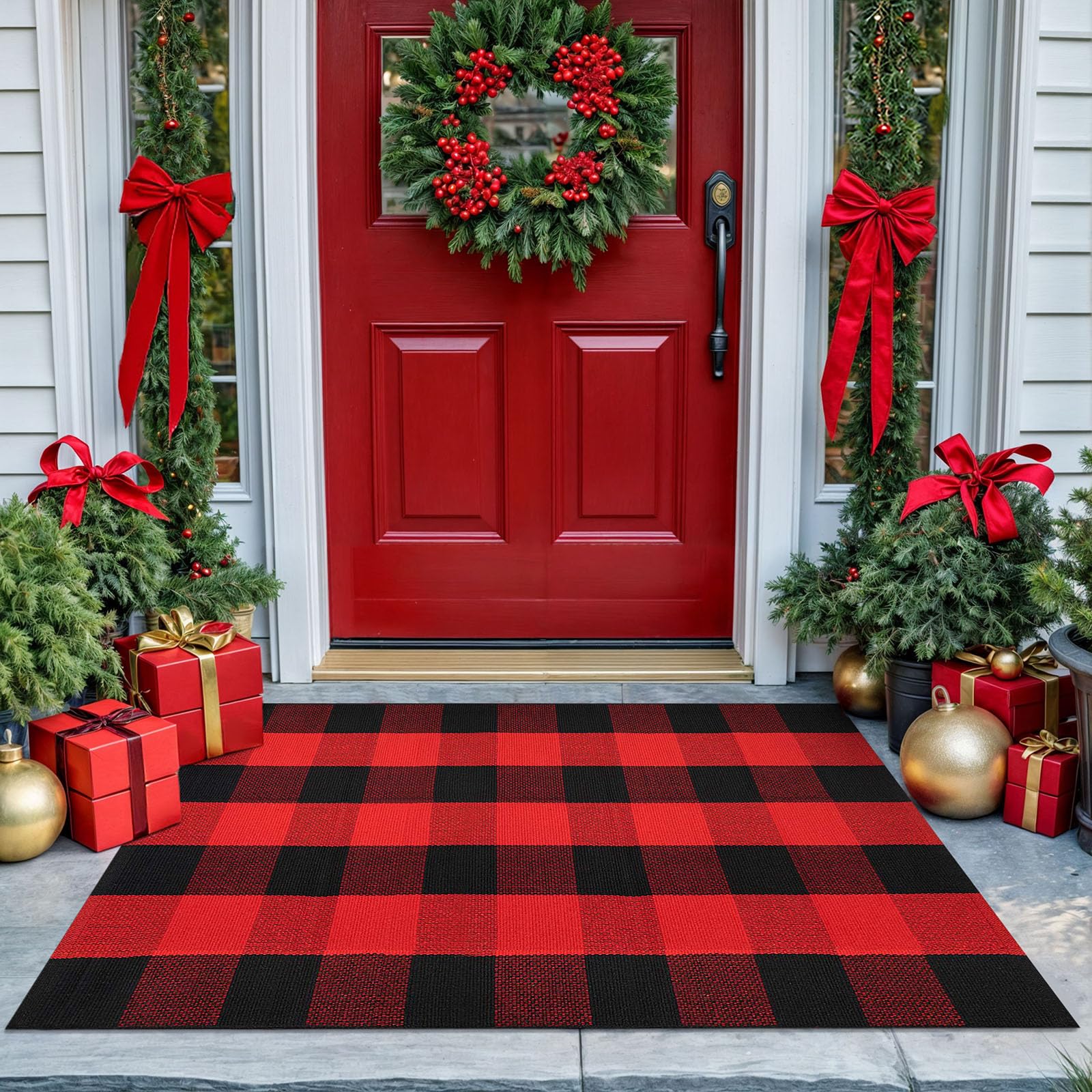 KOZYFLY Buffalo Plaid Rug 27.5x43 Inches - Red and Black Checkered Washable Cotton Rug for Christmas, Halloween & Fall Decor - Non-Slip Woven Door Mat for Front Porch, Entryway & Outdoor Use