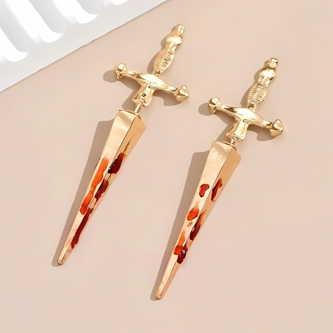 Gothic Cross Sword Bloodstain Dagger Ear Jacket Stud Earrings for Women | B2038 | Perfect for Halloween, Cosplay, and Gothic Fashion Accessories