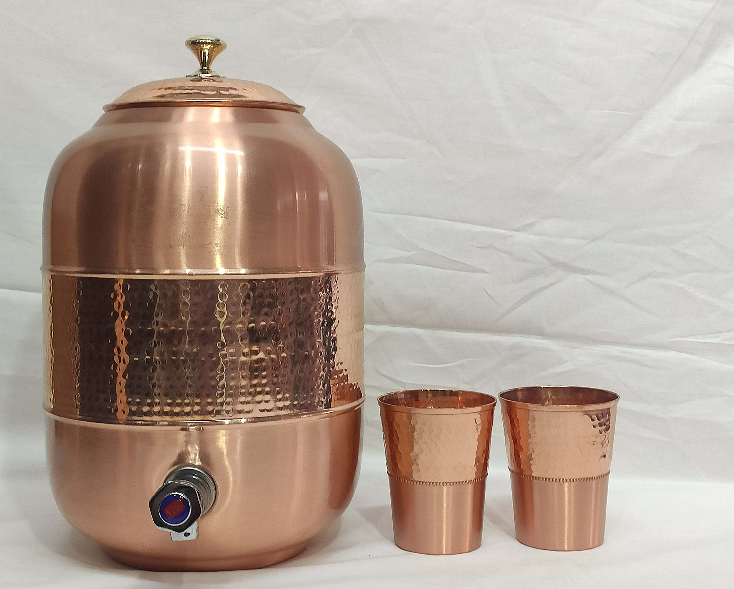 Handcrafted Hammered Copper Water Dispenser with Storage Tank & 2 Glasses - Traditional Fiber Design - Perfect for Home, Office & Outdoor Use