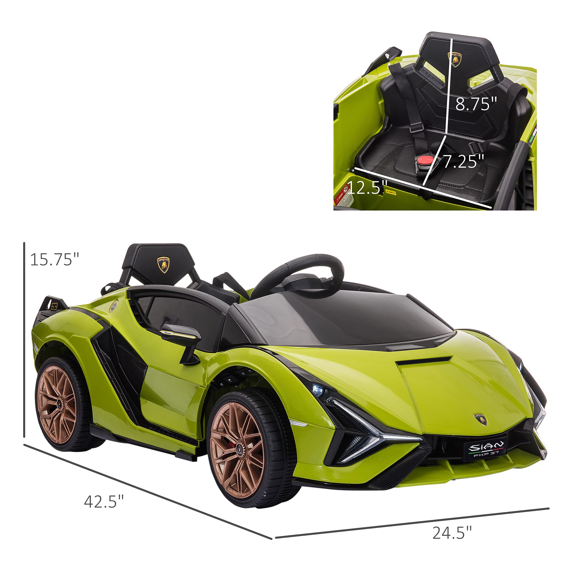 Lamborghini SIAN Licensed 12V Kids Electric Ride-On Car with Remote Control - Battery Powered Toy Vehicle with Horn, Music & LED Headlights - Perfect for Birthday Gifts & Outdoor Play (Green)