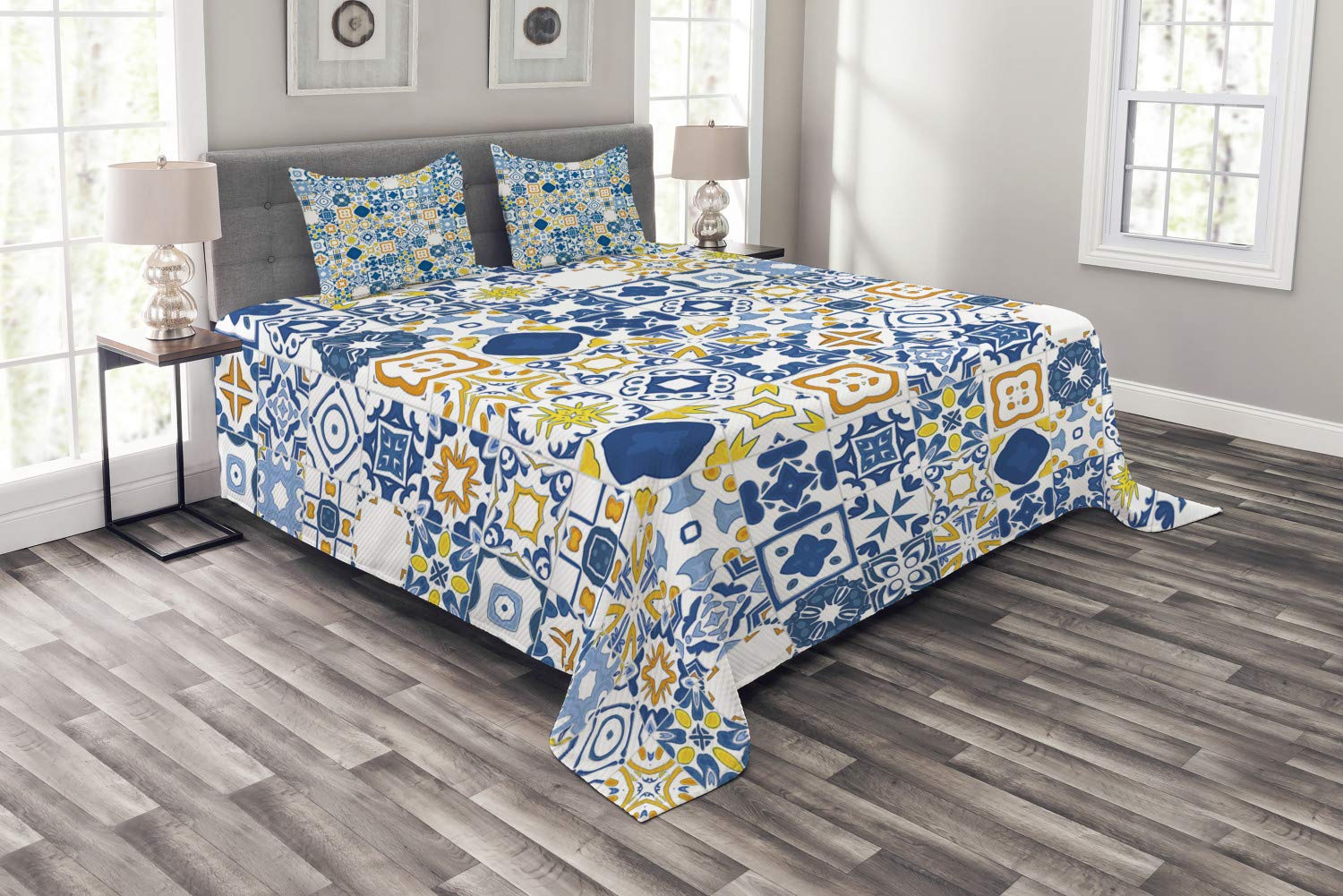 Ambesonne Yellow and Blue Mosaic Portuguese Azulejo Mediterranean King Size 3-Piece Bedspread Set with 2 Pillow Shams - Violet Blue Mustard Bedding Coverlet for Master Bedroom, Guest Room & Coastal Home Decor