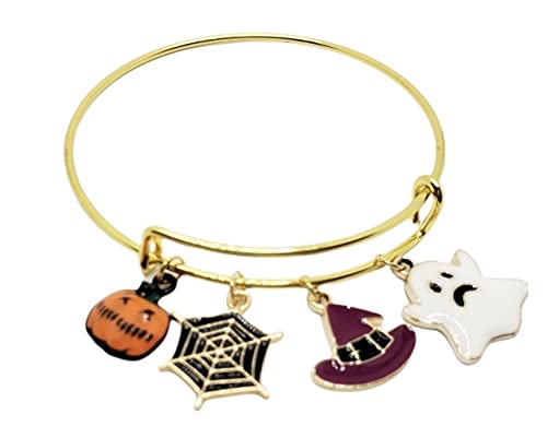 Halloween Charm Bracelet - Gold Plated Bangle with 4 Spooky Charms for Women | Halloween Jewelry Gift for Party, Cosplay & Holiday Accessories