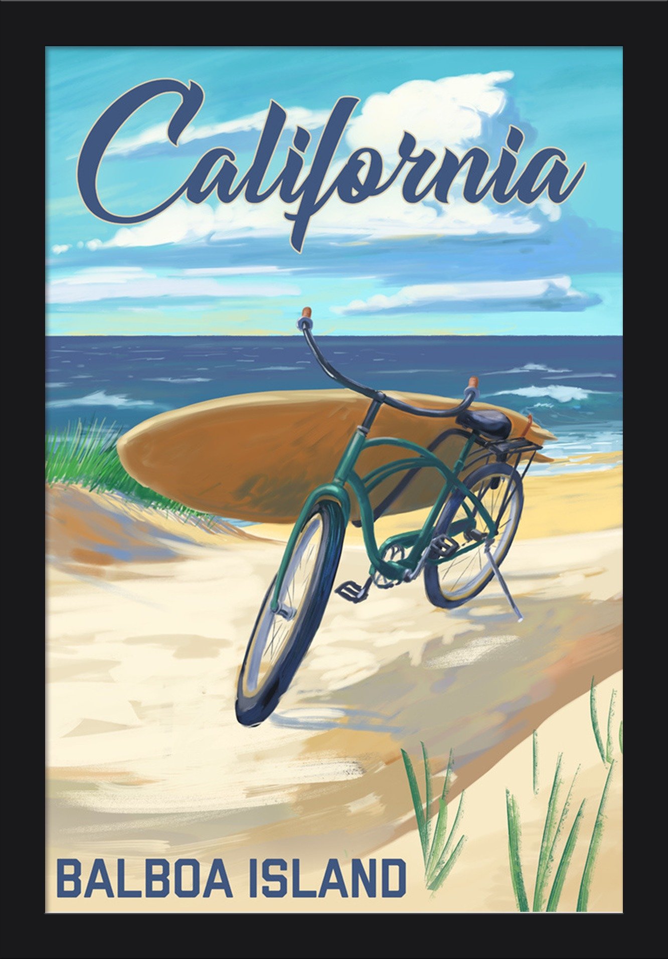 Balboa Island California Beach Cruiser - 16x24 Giclee Fine Art Print with Recycled Wood Black Frame | Coastal Wall Decor for Living Room, Bedroom & Office