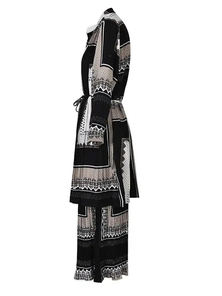 Big Size Printed Pleated Shirt Pants Two Piece Suit for Women - 2025 Spring Autumn Fashion Round Neck Long Sleeve Outfit (Style 3AJ915) | Office Wear, Casual Chic, Party Outfits