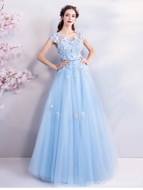 Elegant Blue A-Line Short Sleeve Jewel Neckline Long Prom Dress for Women | Formal Evening Gowns | Homecoming & Wedding Guest Dresses | Perfect for Prom, Ballroom Dance & Special Occasions