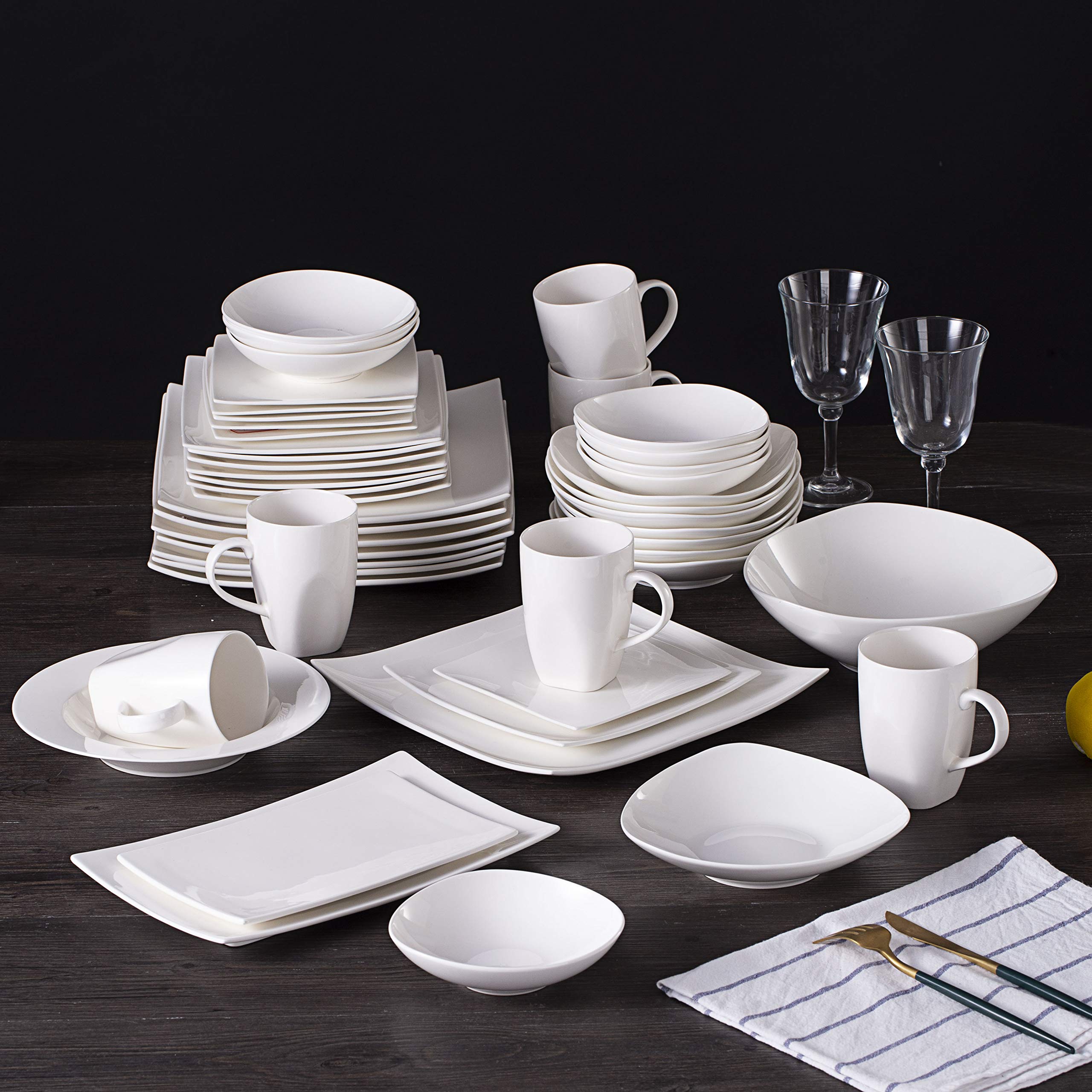 Elegant White 51-Piece Bone China Square Dinnerware Set - Perfect for Formal Dining, Wedding Registry & Luxury Dinner Parties