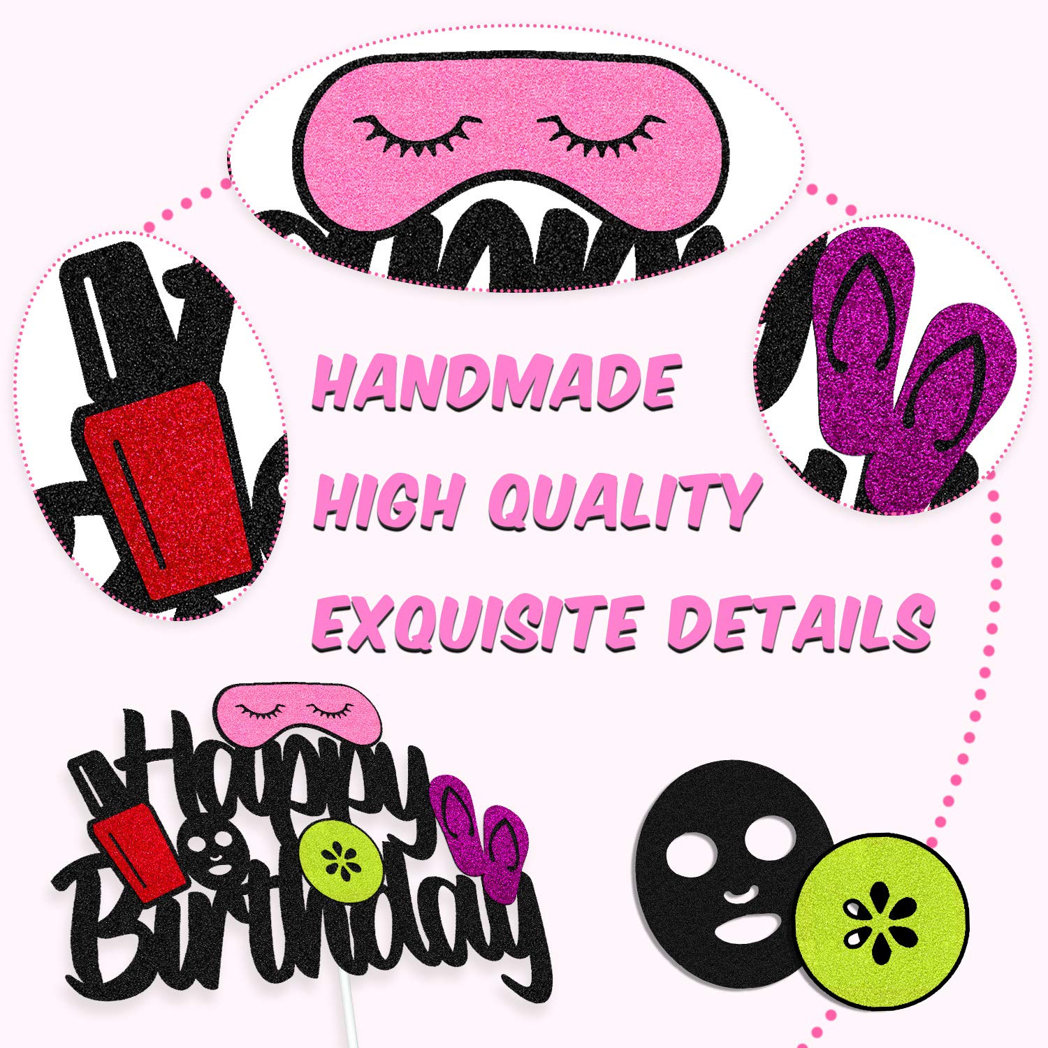 Spa Cake Topper for Birthday Party - Black Glitter Décor for Women's Spa Theme Celebration