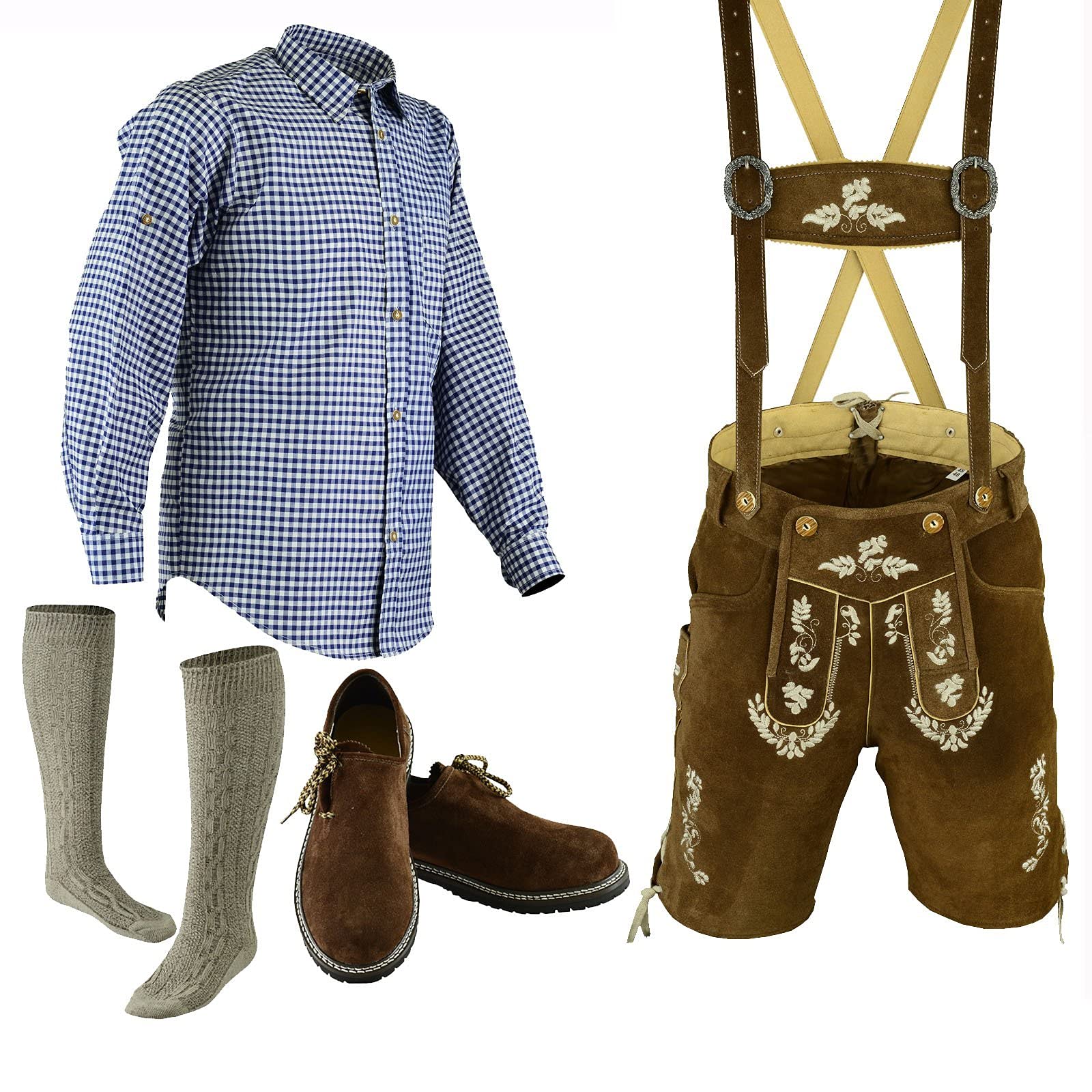 Authentic Bavarian Oktoberfest Lederhosen Shorts with Shirt, Shoes & Socks - Traditional German Costume for Men - Perfect for Oktoberfest, Beer Festivals & Cultural Events