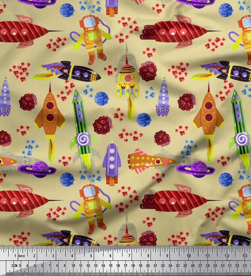Soimoi Rayon Crepe Beige Fabric by The Yard - 46 Inch Wide Rocket Planet Astronaut Cartoon Print Space Adventure Fabric for DIY Dresses, Curtains & Home Decor