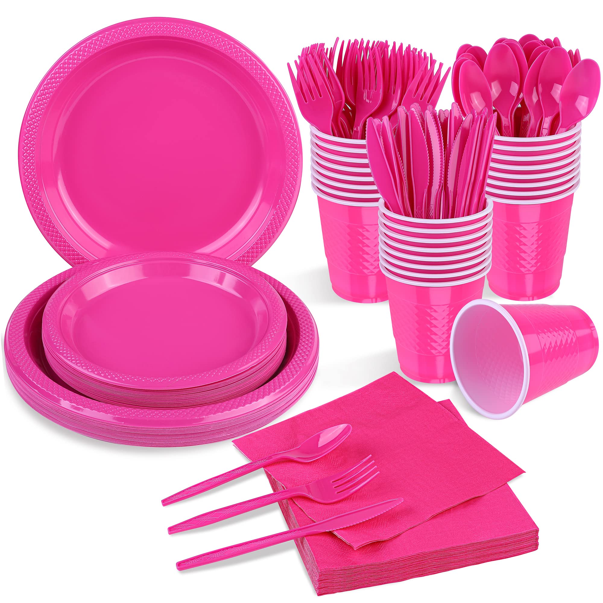 ADXCO 168-Piece Hot Pink Disposable Party Dinnerware Set - Plates, Cups, Utensils & Napkins for 24 Guests | Perfect for Birthday, Wedding, Graduation & Baby Showers | Elegant Tableware for Indoor & Outdoor Celebrations