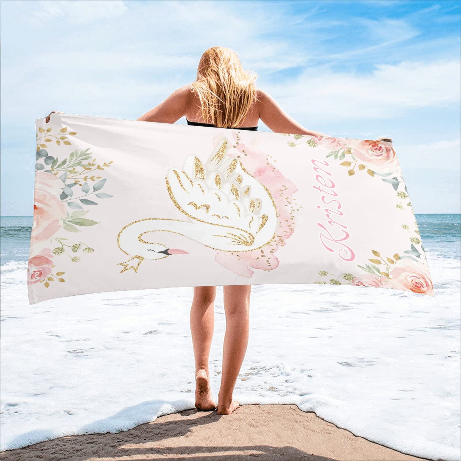 Custom Personalized Beach Towel with Name - Watercolor Flower & Swan Design - 30x60 Inch Large Bath Towel for Women, Men & Kids - Double Sided Printing - Perfect for Pool, Beach & Spa Days