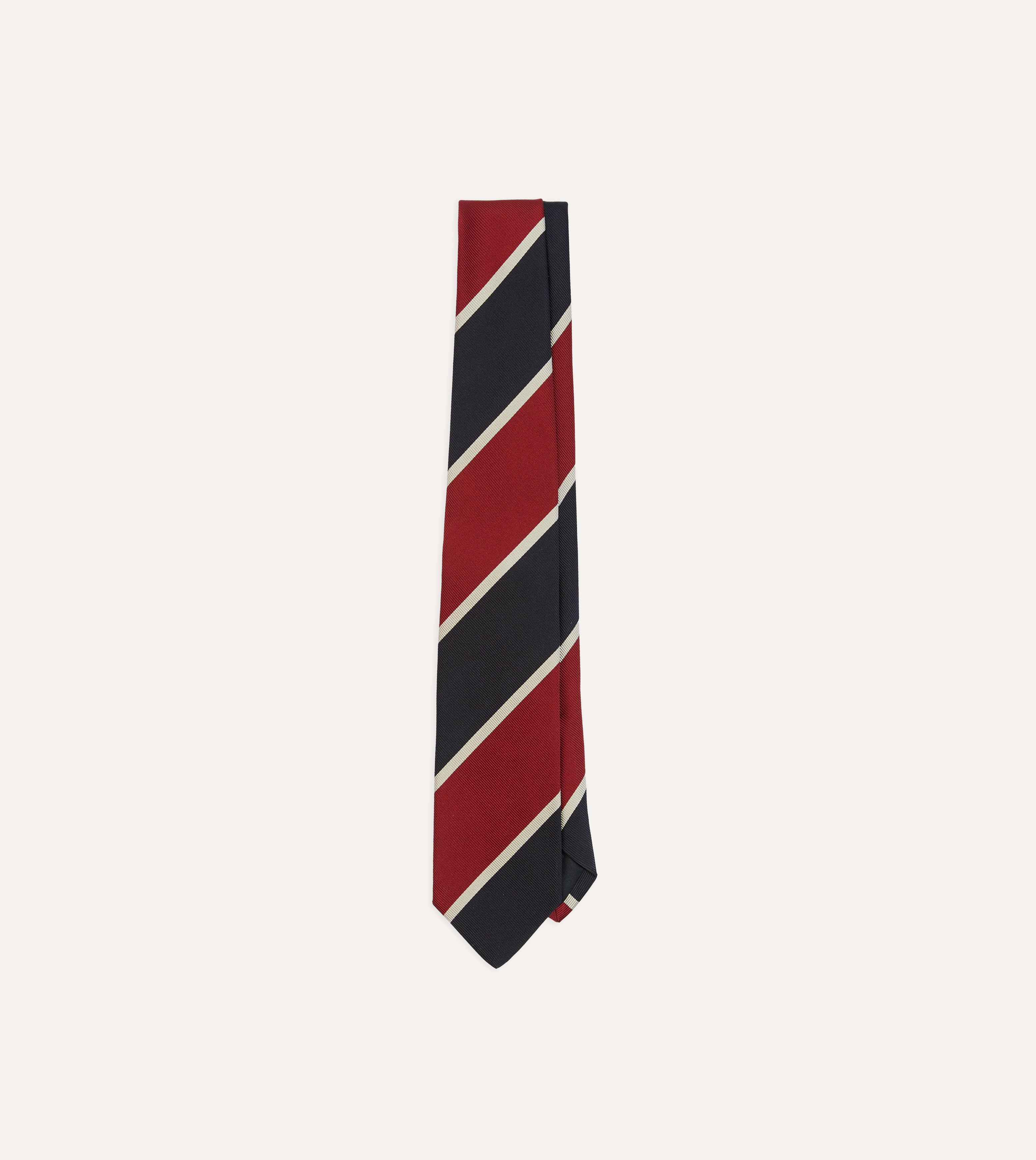 Premium Red & Ecru Broad Stripe Mogador Silk Tipped Necktie - Luxury Silk Tie for Business, Weddings & Formal Occasions