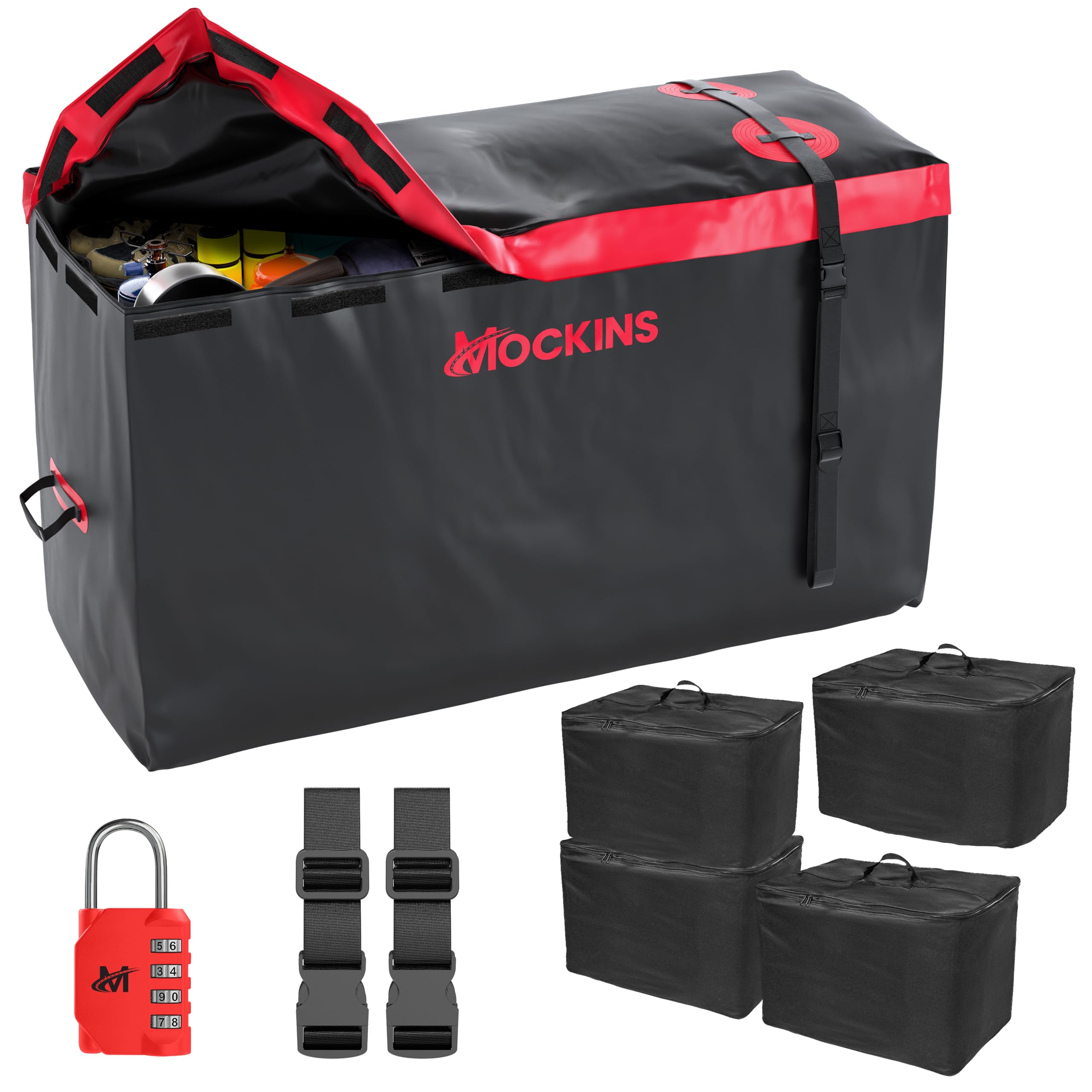 Mockins 15 Cu.Ft. Soft-Shell Trailer Hitch Cargo Carrier Bag with 4 Packing Cubes - 48x18x31 Inch Waterproof All-Weather Truck Bed Storage Bag for SUV, Pickup & Travel | Heavy-Duty Vinyl Construction with Buckle Straps & Lock | Perfect for Road Trips, Camping & Outdoor Adventures