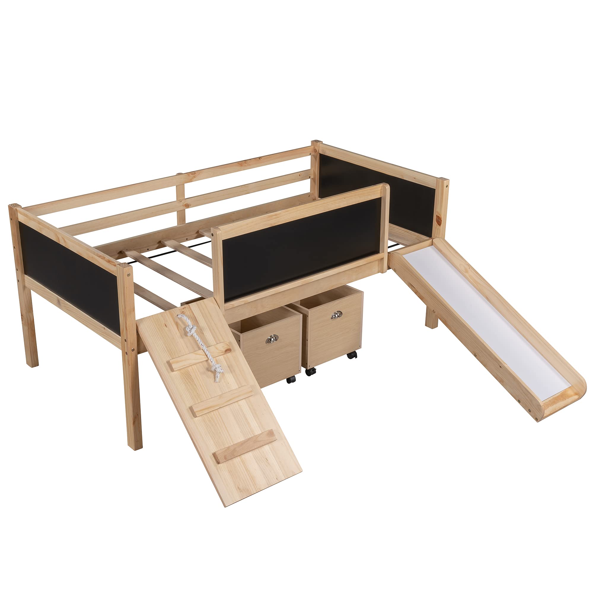 JT Twin Size Loft Bed with Two Storage Boxes - Natural Wood Space-Saving Bed for Kids & Teens - Perfect for Small Bedrooms, Dorms & Studio Apartments