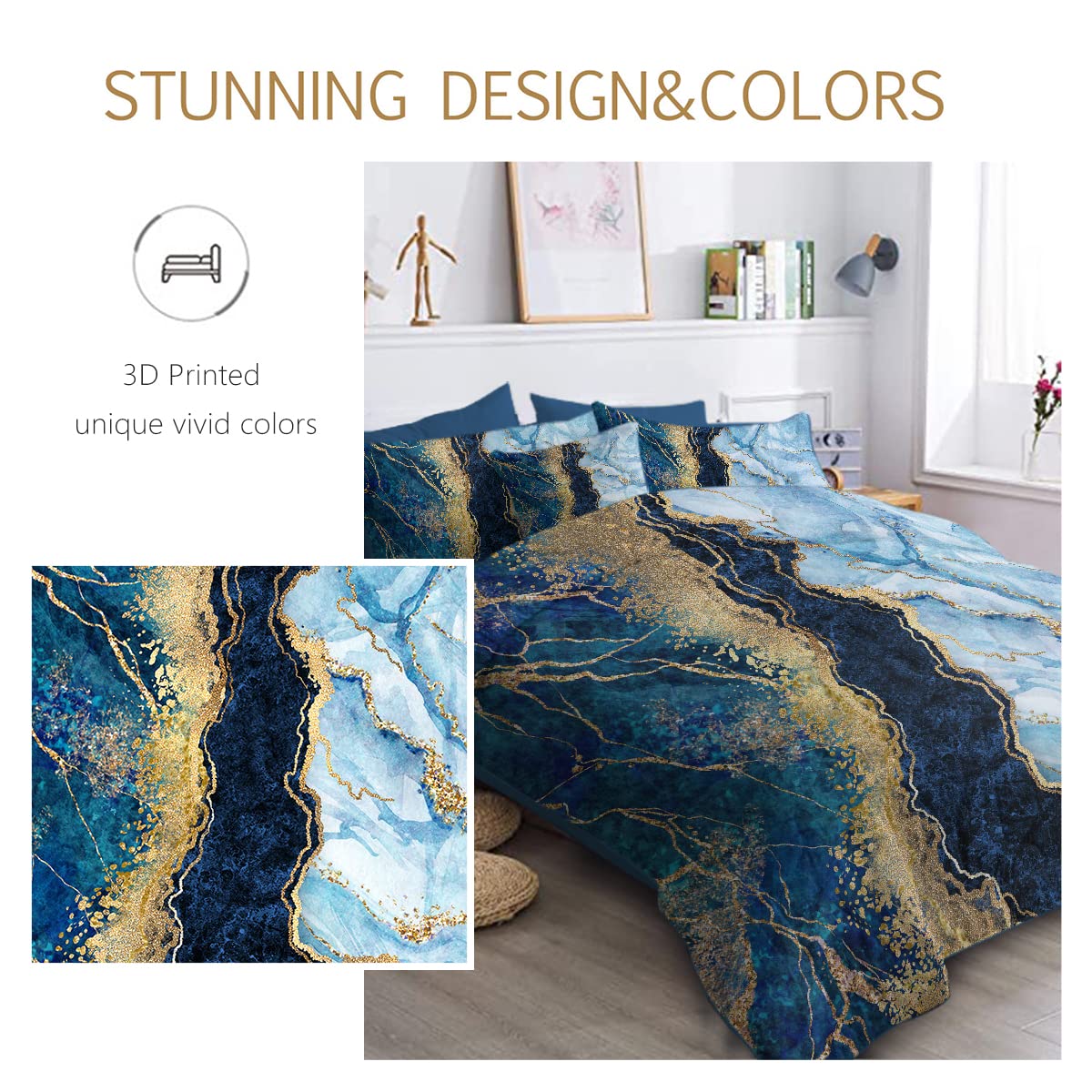 BlessLiving 8-Piece King Size Marble Bedding Set - Navy Blue & Gold Glitter Comforter with Pillowcases, Shams & Sheets - Modern Luxury Bed in A Bag - Perfect for Master Bedrooms, Guest Rooms & Hotel Style Decor