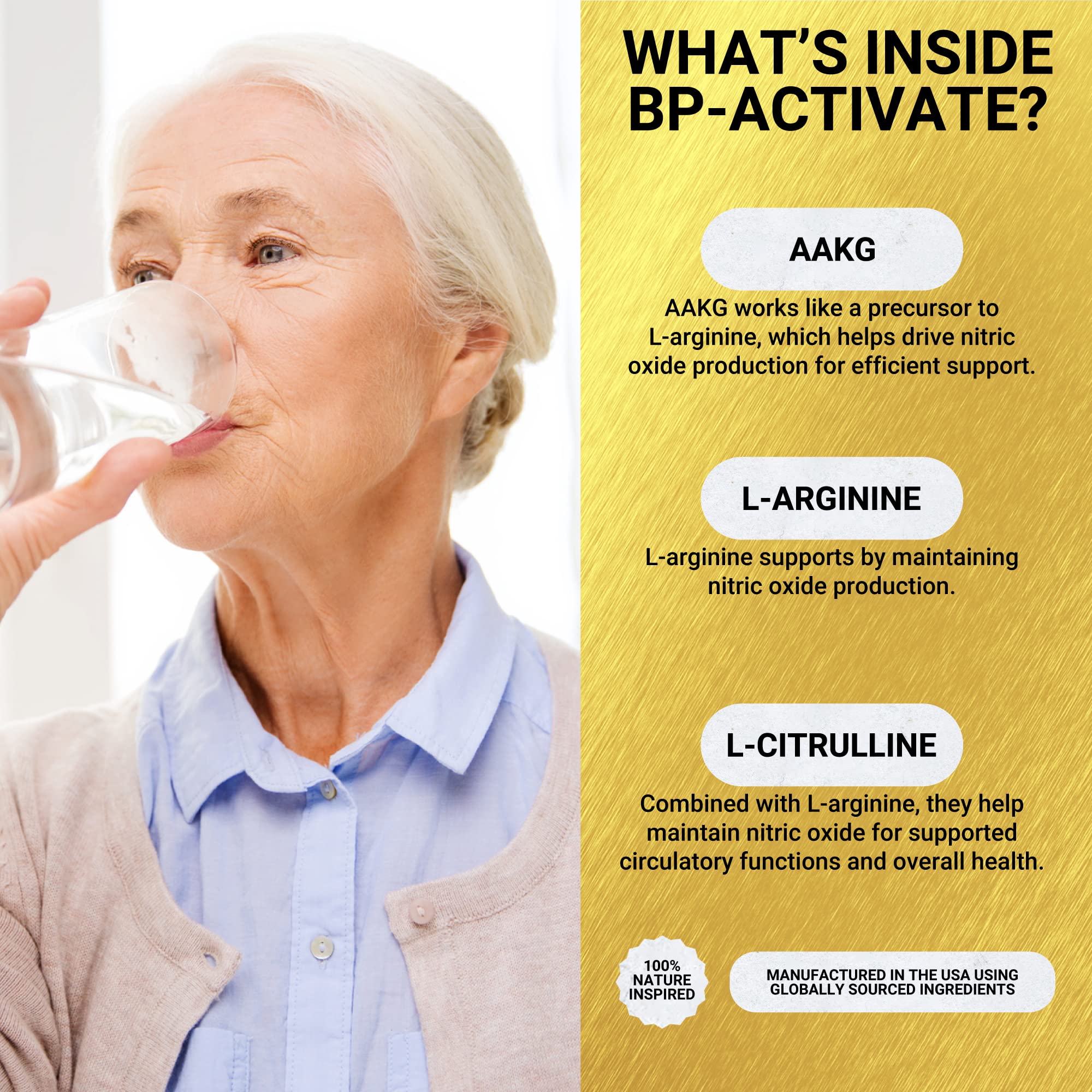 Golden After 50 BP-Activate - Nitric Oxide Booster Supplement with L-Arginine, AAKG & L-Citrulline (800mg) - Supports Heart Health, Blood Circulation & Energy - Essential Amino Acids Formula - 3 Bottles (90-Day Supply) - Ideal for Athletes, Seniors & Active Lifestyles
