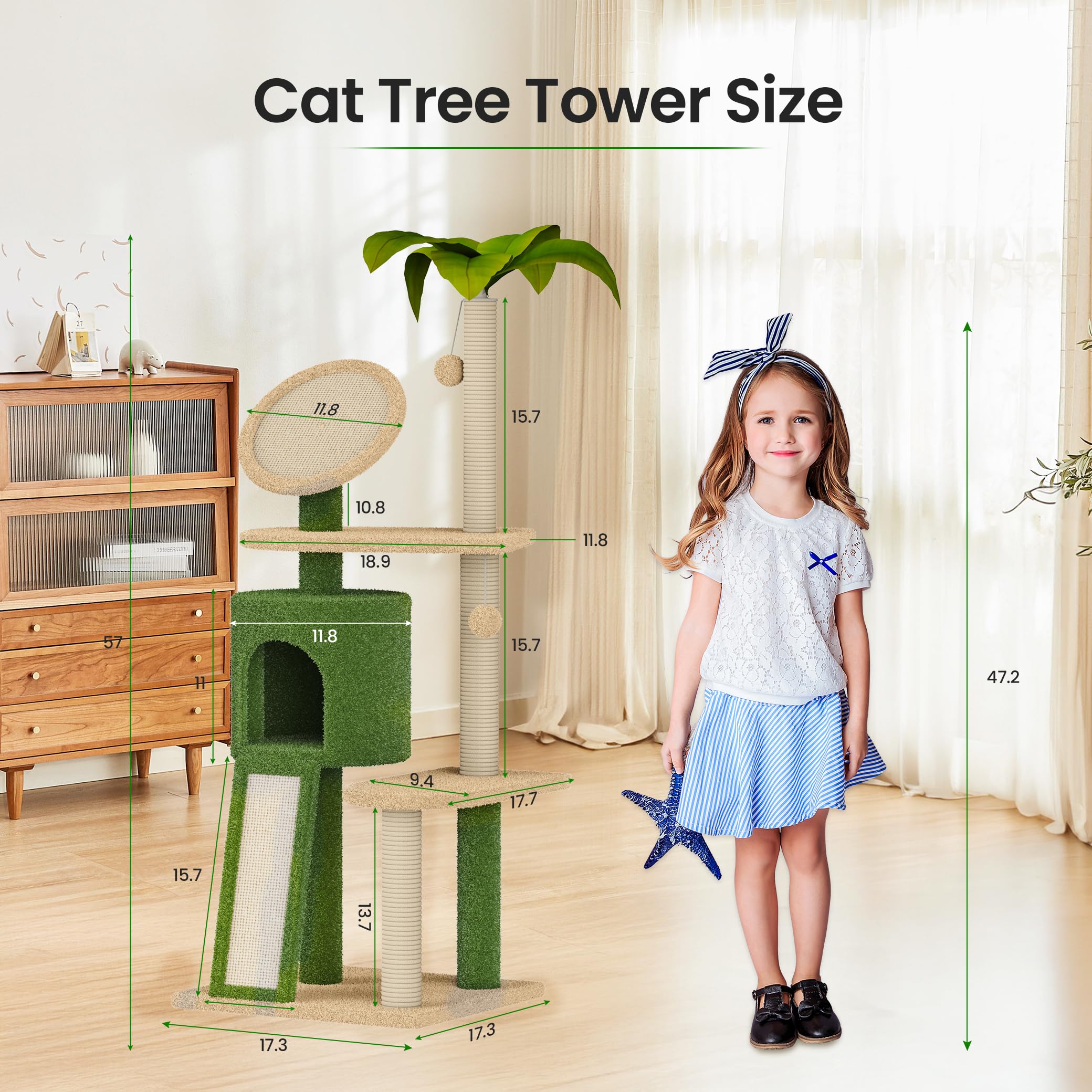 57in Cactus Cat Tree Tower with Scratching Post, Dangling Ball & Perch - Indoor Cat Condo for Kittens & Adult Cats - Perfect for Small Spaces & Cat Grooming Needs