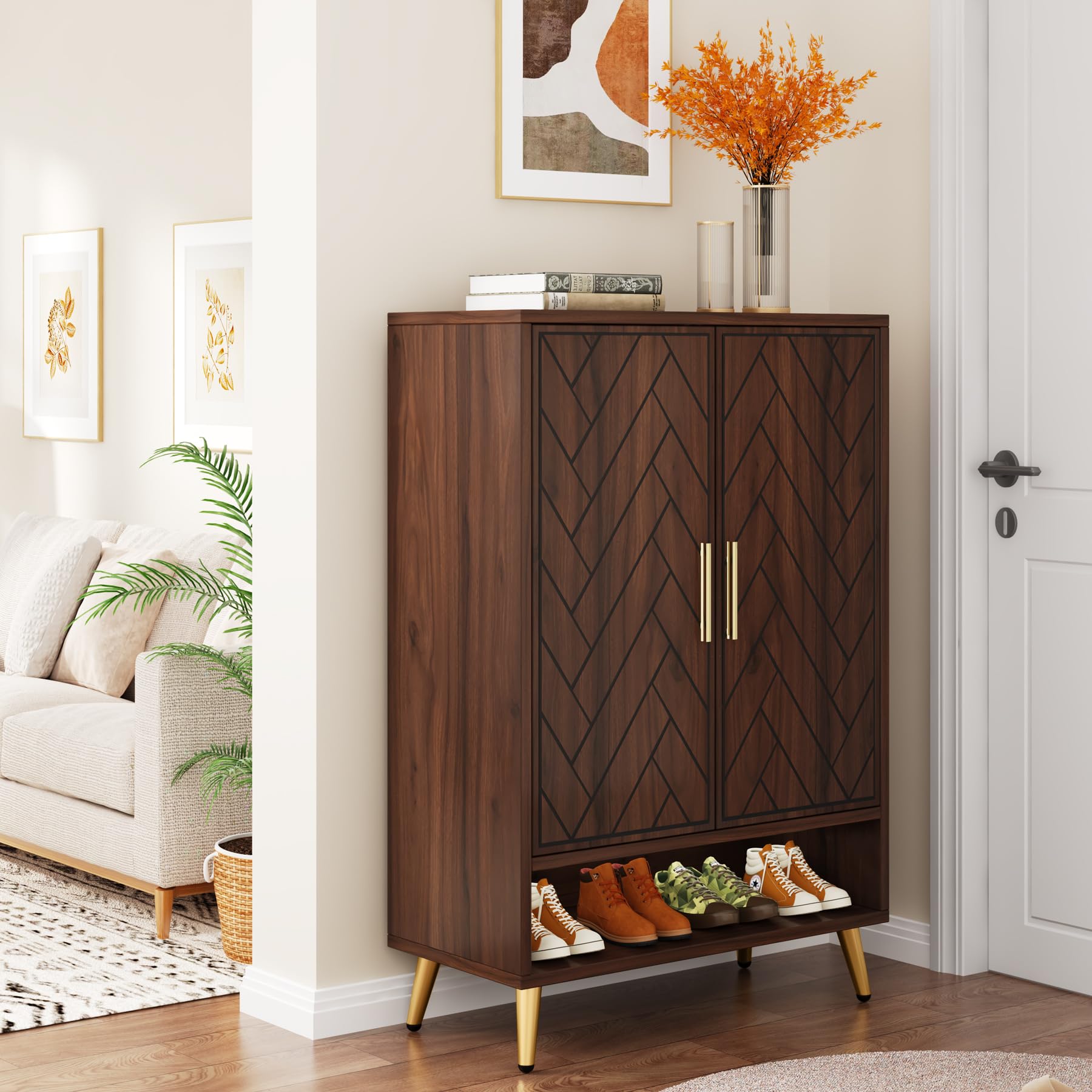 Tribesigns 6-Tier Shoe Storage Cabinet with Doors - 18 Pairs Entryway Shoe Organizer, Adjustable Shelves Wooden Shoe Rack for Living Room, Bedroom, Hallway - Walnut Finish with Gold Legs | Perfect for Small Spaces & Home Organization