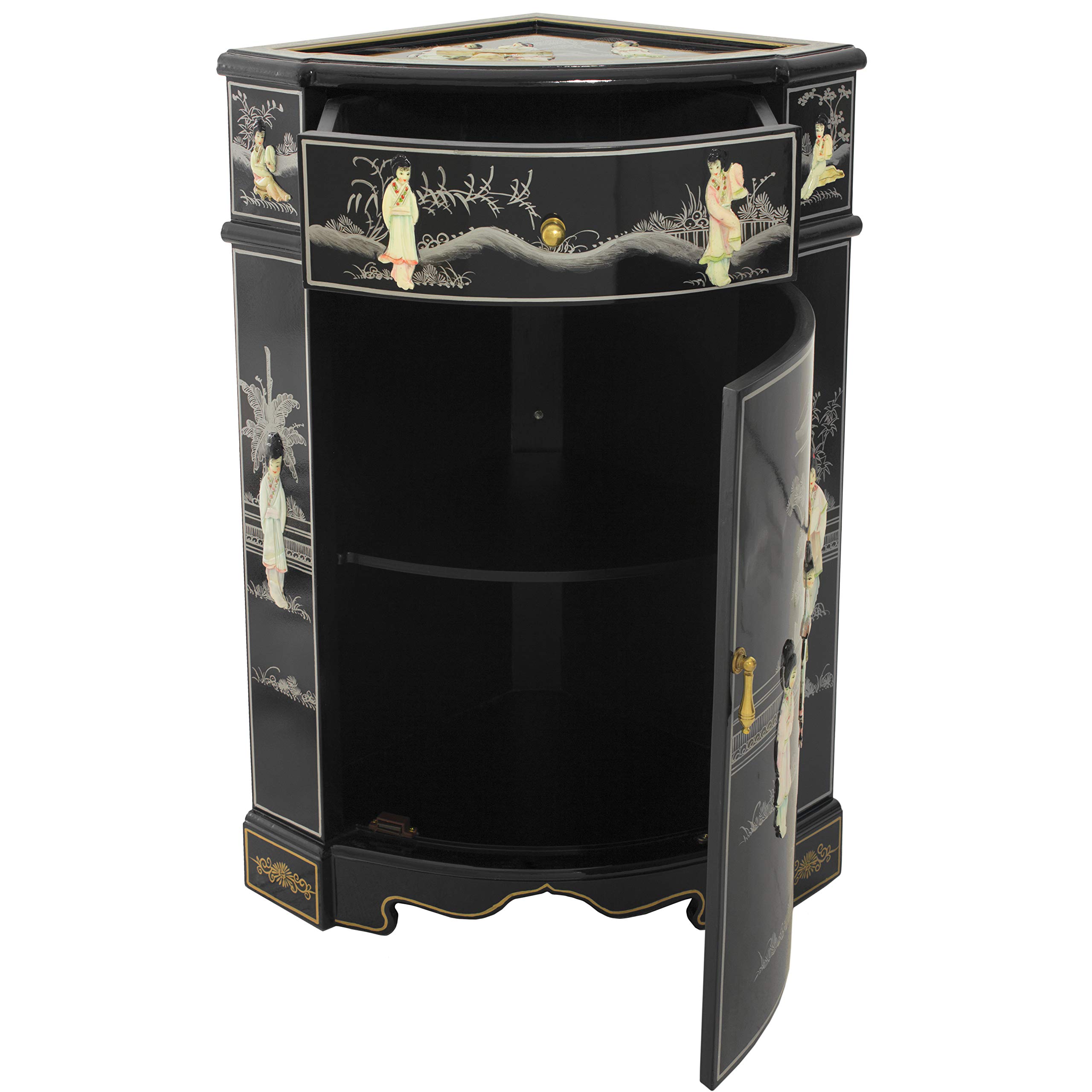 Handmade Red Lantern Artisanal Corner Cabinet - Clear, Red & Black Finish | Perfect for Home Decor, Living Room Accent & Asian-Themed Interior Design