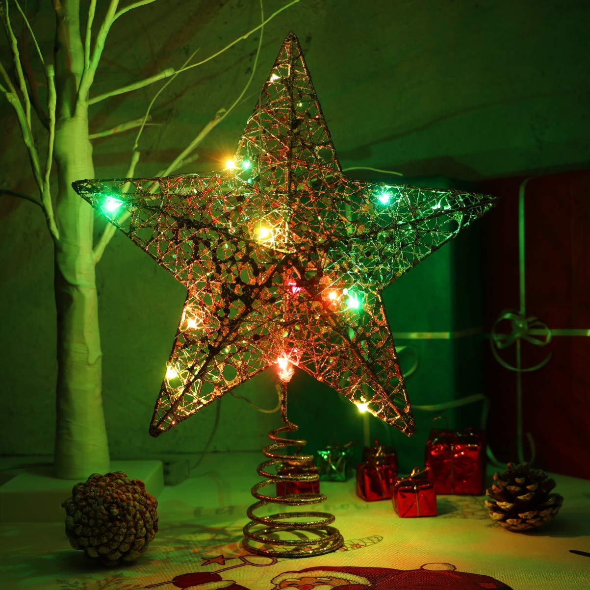 Christmas Tree Star Topper with LED Lights - Glittered Xmas Tree Top Decor for Holiday Home Party (Silver) | Perfect for Christmas Tree Decorations & Festive Indoor Lighting