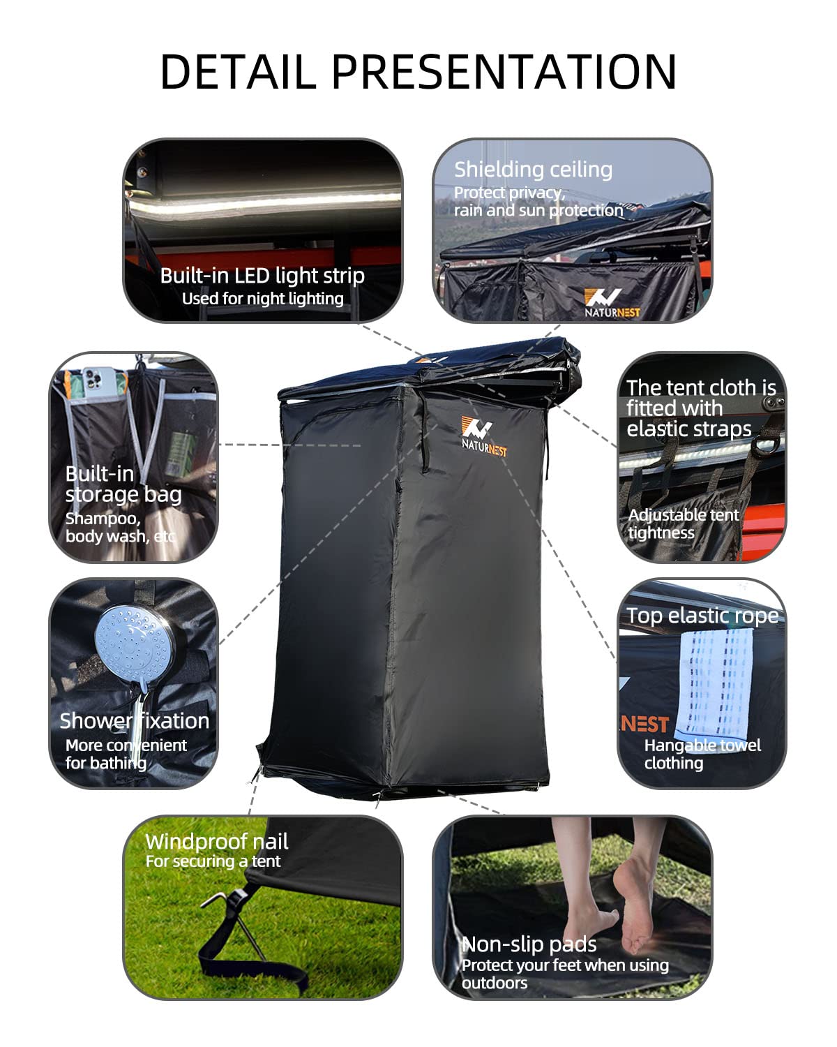 **Naturnest Portable Shower Tent – Outdoor Camping Shower Privacy Shelter for Jeep, Truck, Van & SUV – Waterproof & Lightweight for Overlanding, Beach, RV & Backpacking**    *(Use Cases: Perfect for camping trips, beach showers, RV travel, off-grid adventures, and outdoor privacy needs.)*