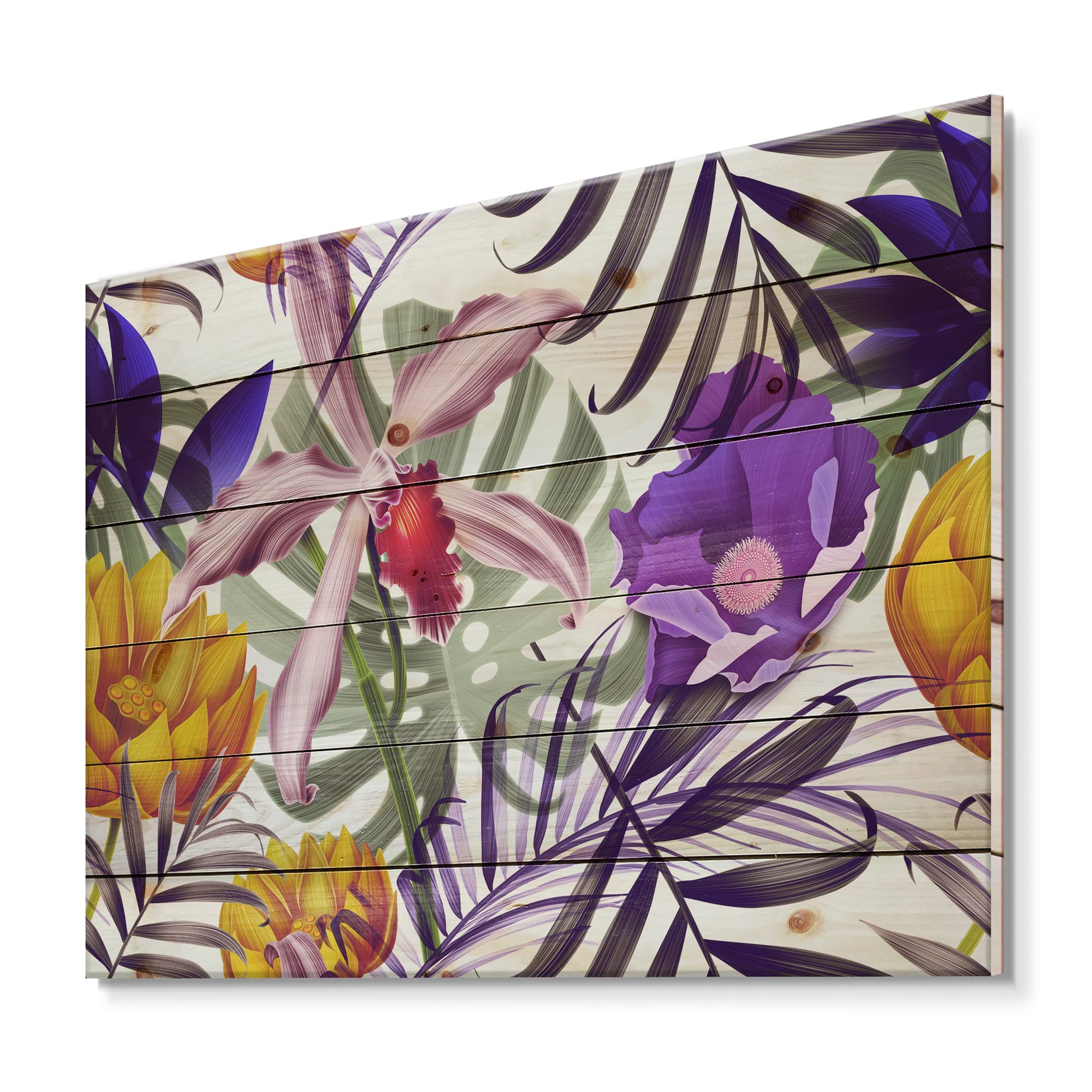 Vintage Tropical Floral Wood Wall Decor - Handcrafted Pine Wood Art with Purple Flowers, Large Wall Panels for Home & Office Decoration | Perfect for Living Room, Bedroom, or Entryway