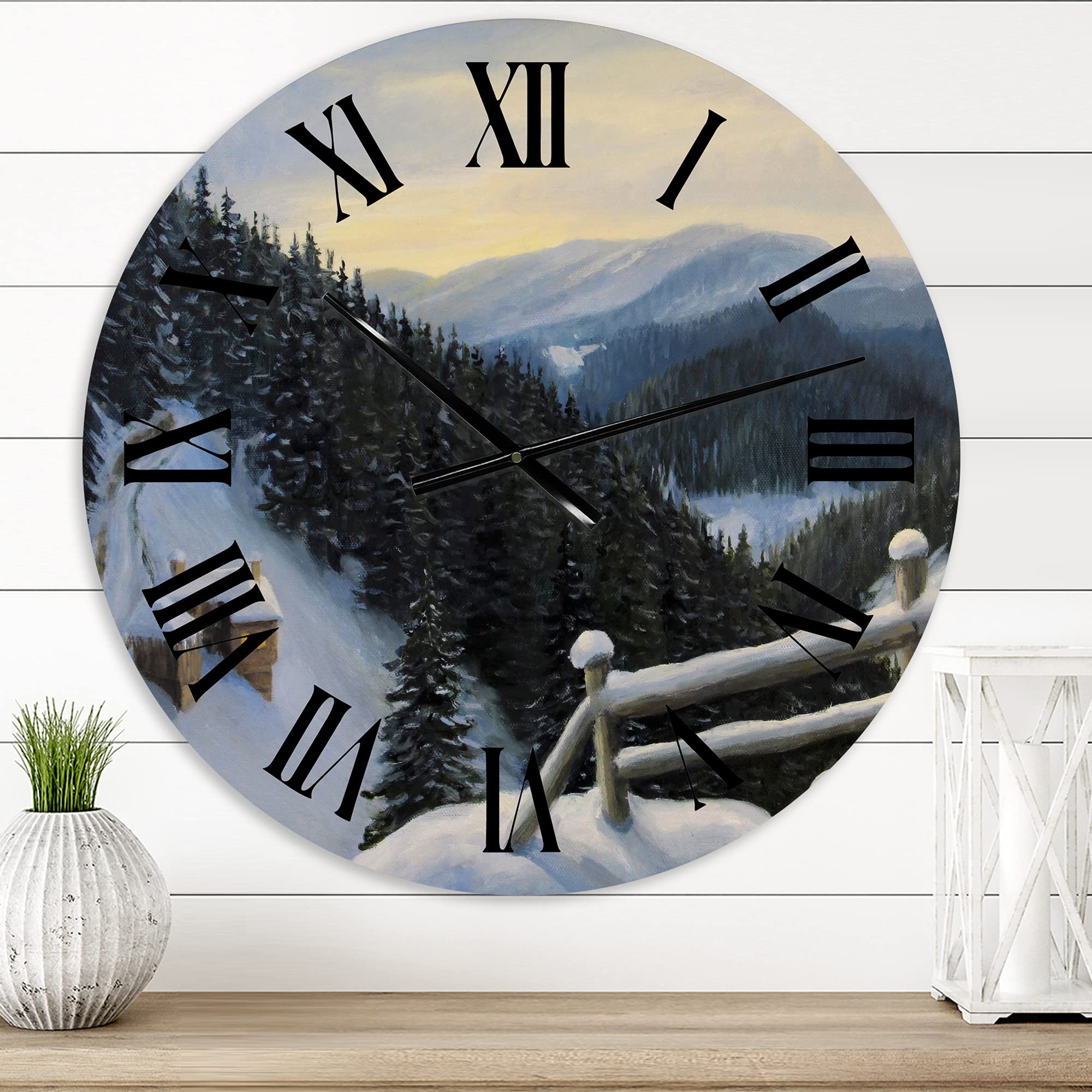 DesignQ Traditional Wall Clock - 'View On Snowy Mountaintops' Landscape Nature Wall Art - Large 12 Inch Silent Non-Ticking Clock for Home, Office, Living Room & Bedroom Decor - Perfect Gift for Housewarming & Christmas