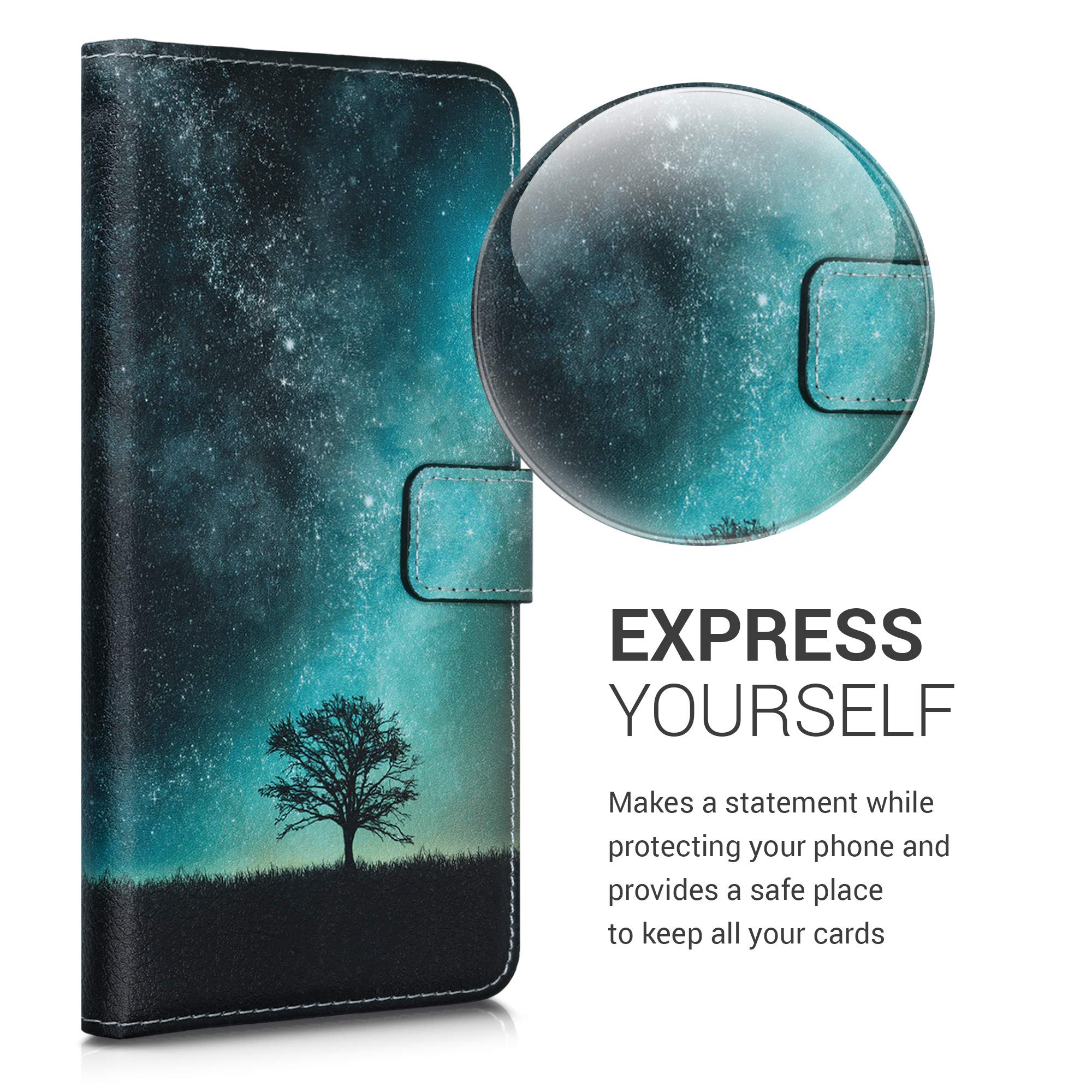 kwmobile Wallet Case for Alcatel 1B (2020) - Slim Protective Phone Cover with Card Slots | Cosmic Nature Blue/Grey/Black | Perfect for Everyday Use & Travel