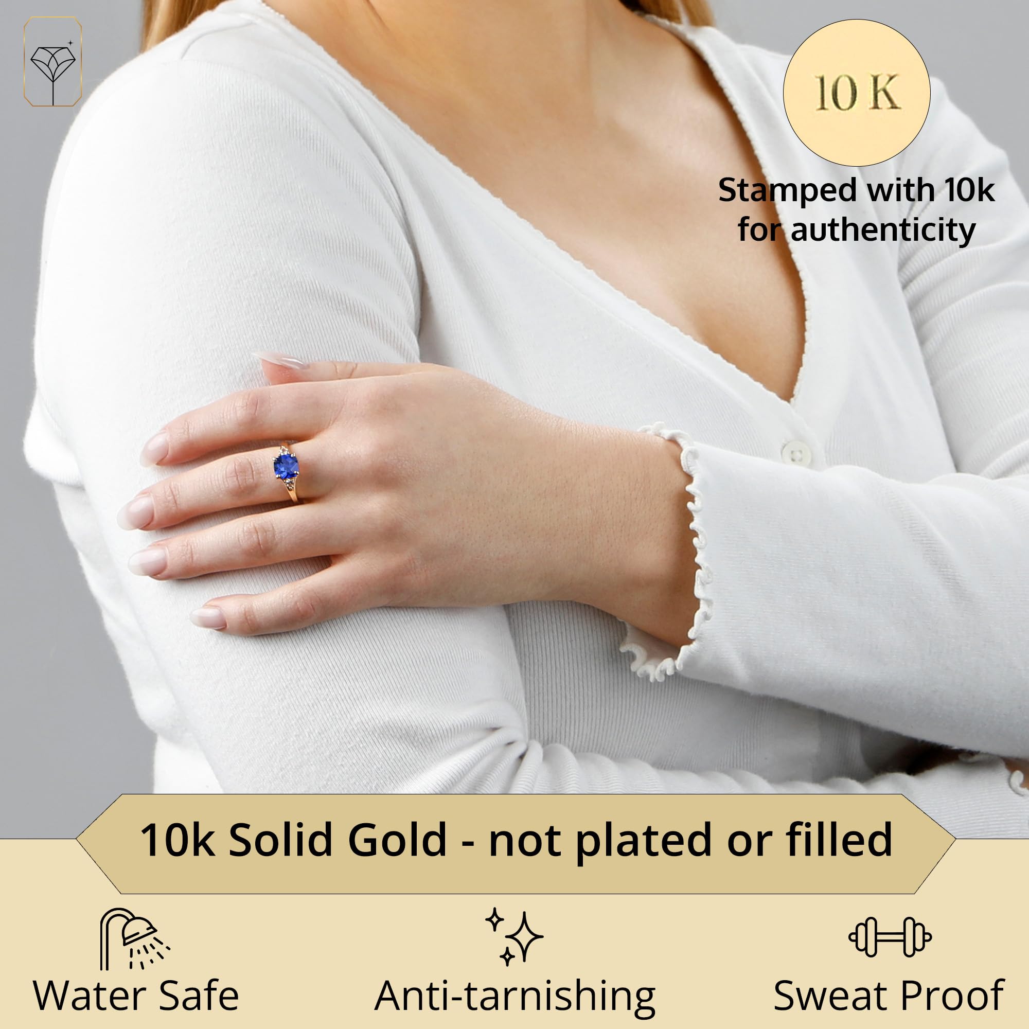 MAX & STONE 10k Gold Gemstone Rings for Women | Cushion Cut Three Stone Birthstone Ring | Anti-Tarnish Jewelry | Elegant Cocktail Ring with Gift Box (Sizes 5-9) | Perfect for Anniversary Gifts, Valentine's Day & Special Occasions