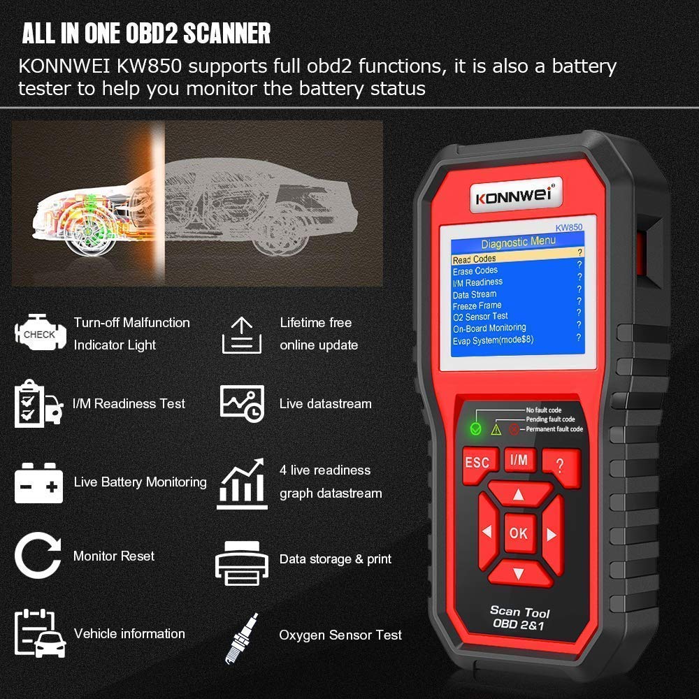 KW850 OBD2 Scanner & KW600 Car Battery Tester - Professional Automotive Diagnostic Tool for Engine Fault Codes, Battery Health Check - Perfect for Mechanics, DIY Car Enthusiasts & Home Vehicle Maintenance