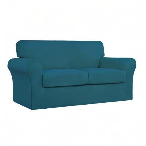 Stretch Sofa Cover for Dogs - 3 Piece Washable Pet-Friendly Couch Slipcover, Spandex Jacquard Fabric Elastic Furniture Protector for 2 Cushion Loveseat (Peacock Blue) - Perfect for Pet Owners & Living Room Protection