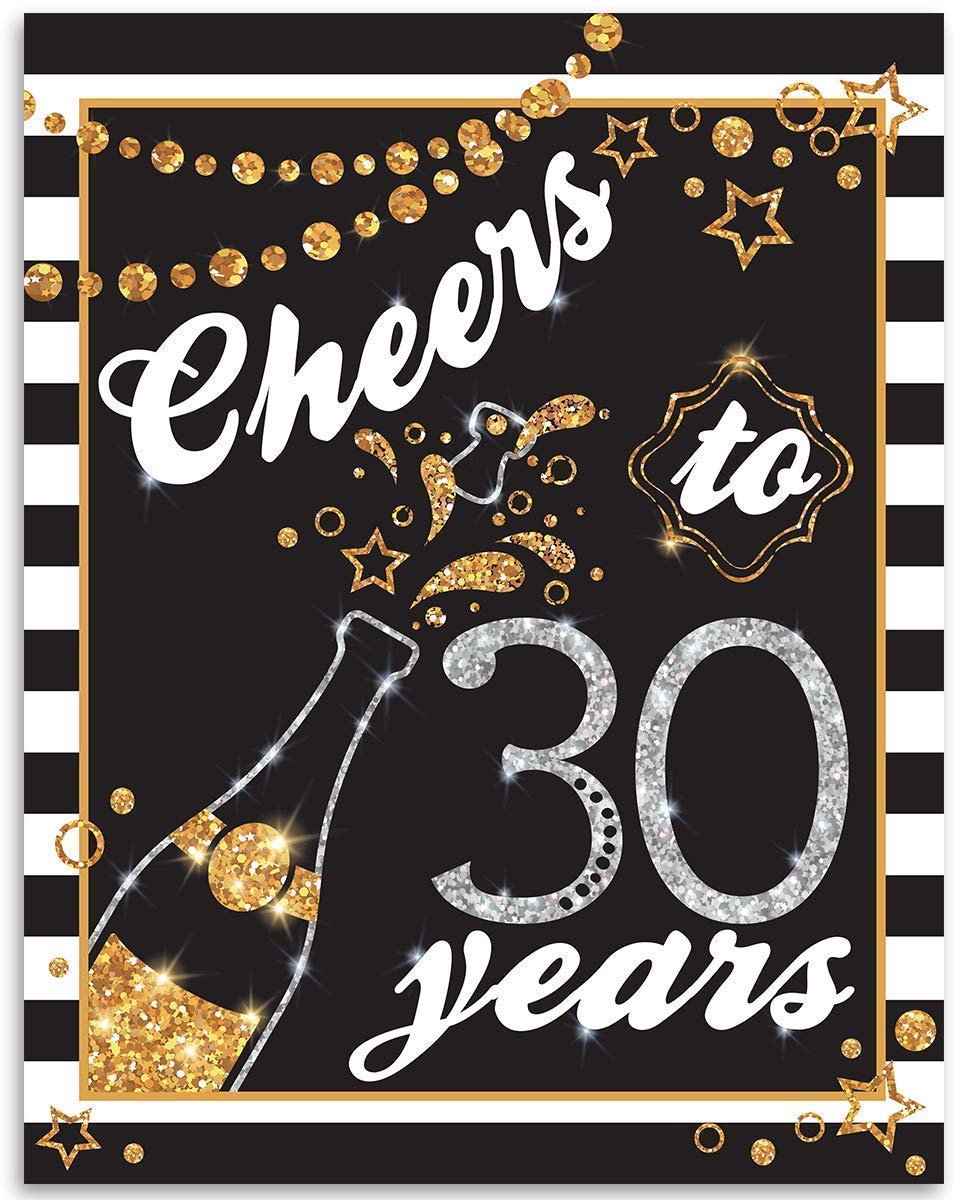 Cheers To 30 Years Champagne Print - Retro Black & White 11x14 Unframed Art Poster with Gold Glitter | Perfect for 30th Birthday Decor, Anniversary Gifts & Reunion Party Supplies | Wall Art for Home, Office & Celebration Decorations