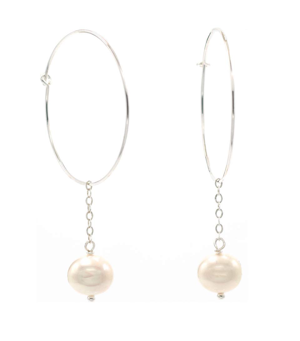 Sterling Silver Hoop Earrings with 8.5-9mm Cultured Freshwater Pearl Drops | Elegant Pearl Drop Earrings for Women | Perfect for Weddings, Parties & Everyday Wear