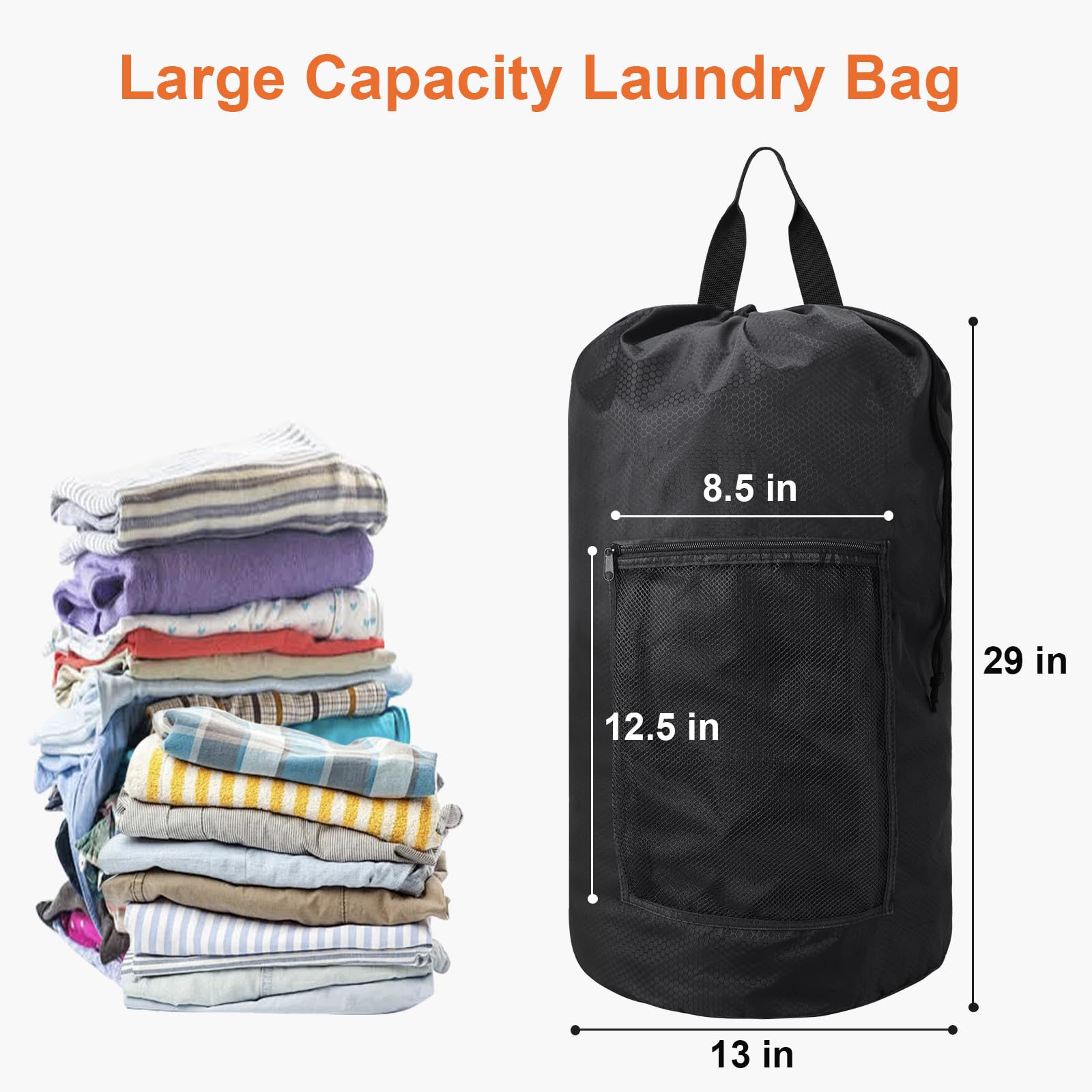 Femuar Durable Laundry Backpack with Shoulder Straps & Mesh Pockets - Portable Dirty Clothes Hamper for College Dorm, Gym, Travel & Camping (Black) - Water-Resistant Laundry Storage Solution